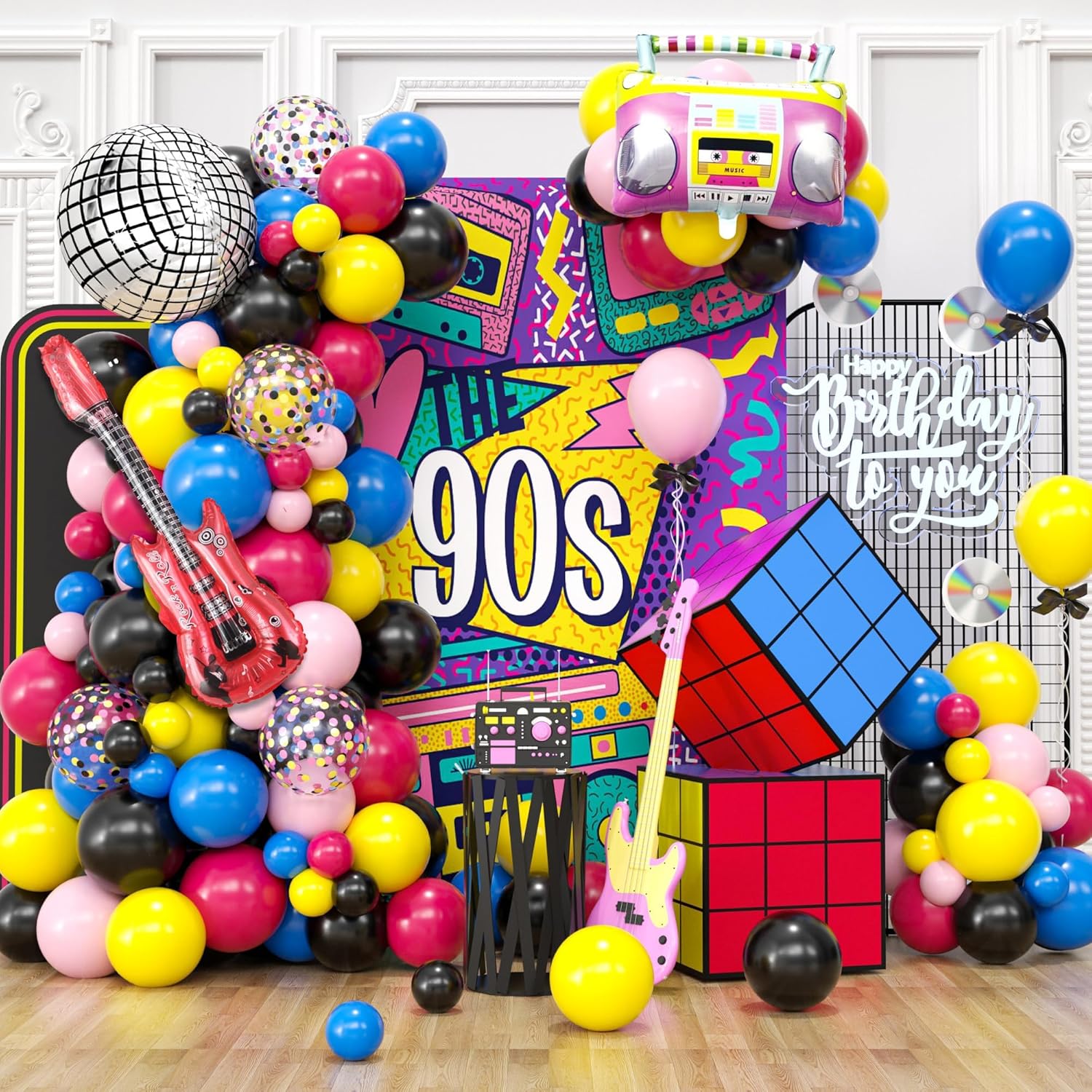 Decoraciones de fiesta temática de los años 80 y 90, kit de guirnalda de arco de globos de los años 80 y 90 con bola de discoteca inflable, radio,