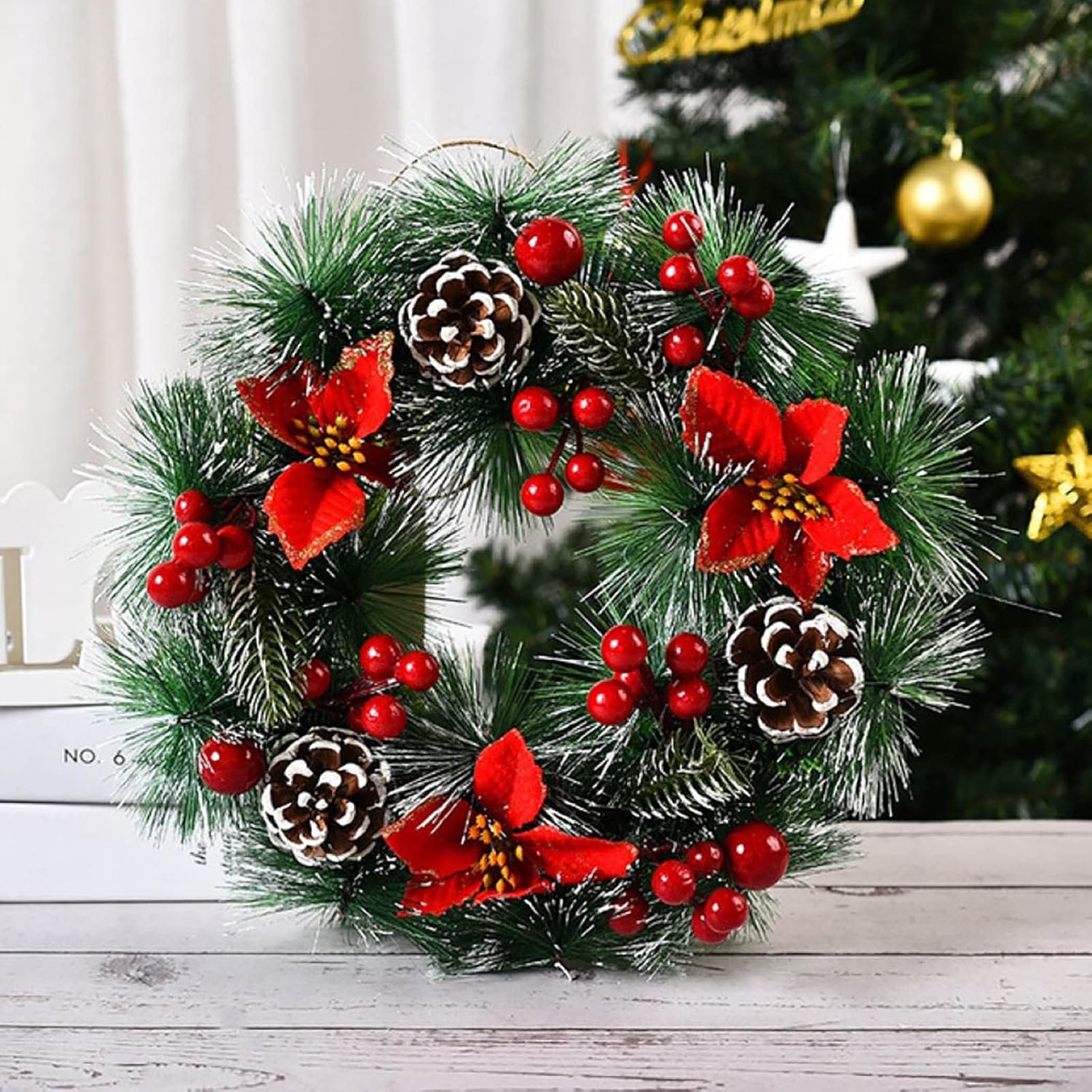 Corona de Navidad de 12.6 pulgadas para puerta delantera, flor de pascua roja, bayas y piñones, coronas de Navidad artificiales para exteriores,