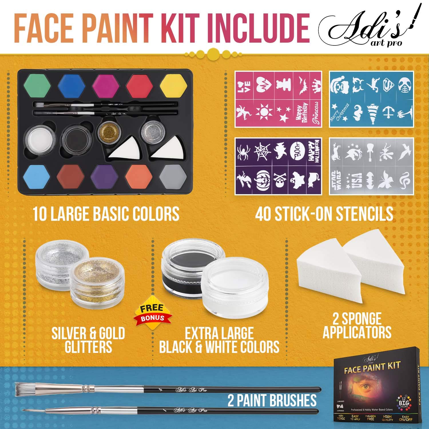 Kit de pintura facial para niños – 58 piezas Set con base de agua – Secado rápido – Pinturas para pieles sensibles no tóxicas – Brillos –