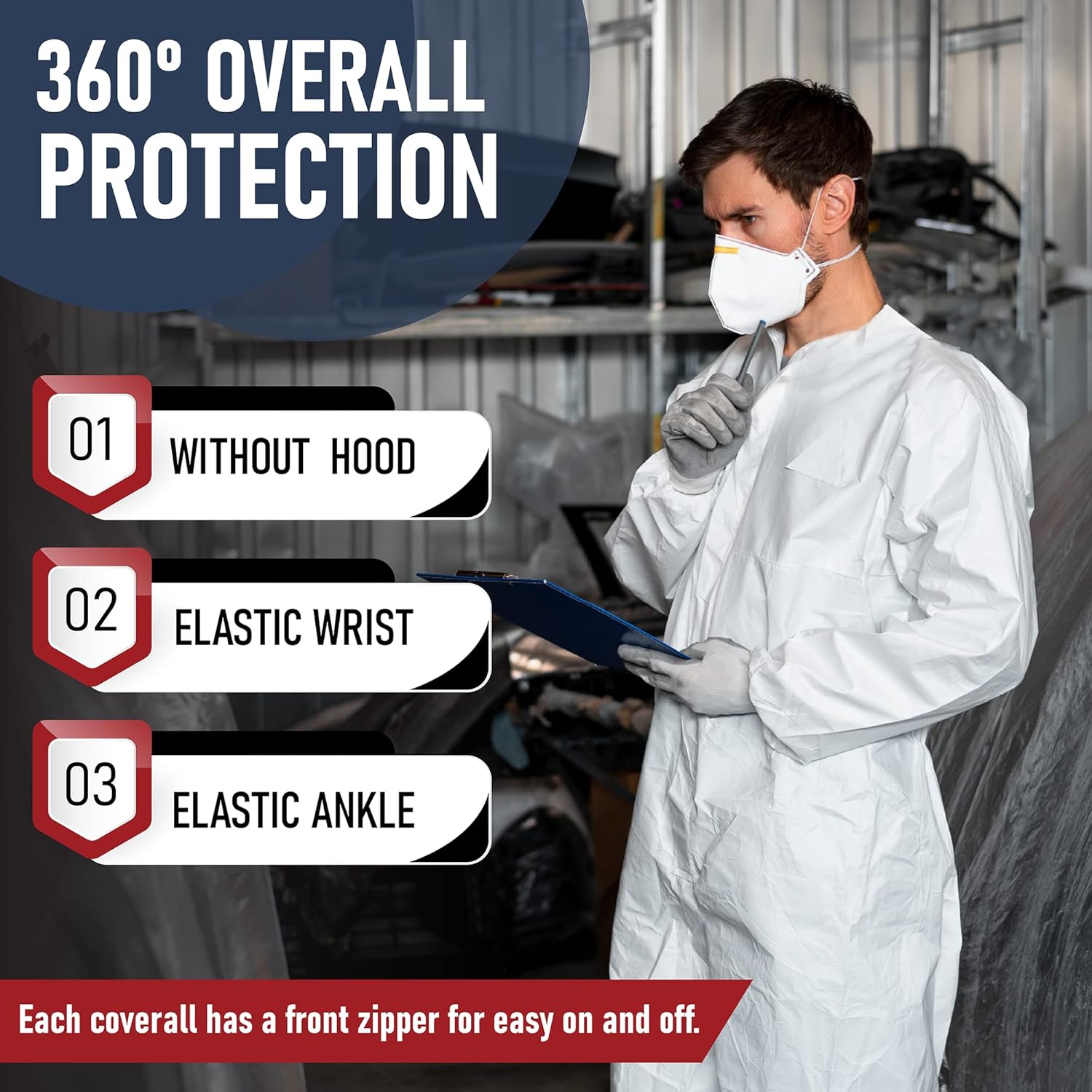Medical Nation Trajes de materiales peligrosos  Paquete de 25 unidades, mediano  Overol protector desechable, resistente de cuerpo completo, traje