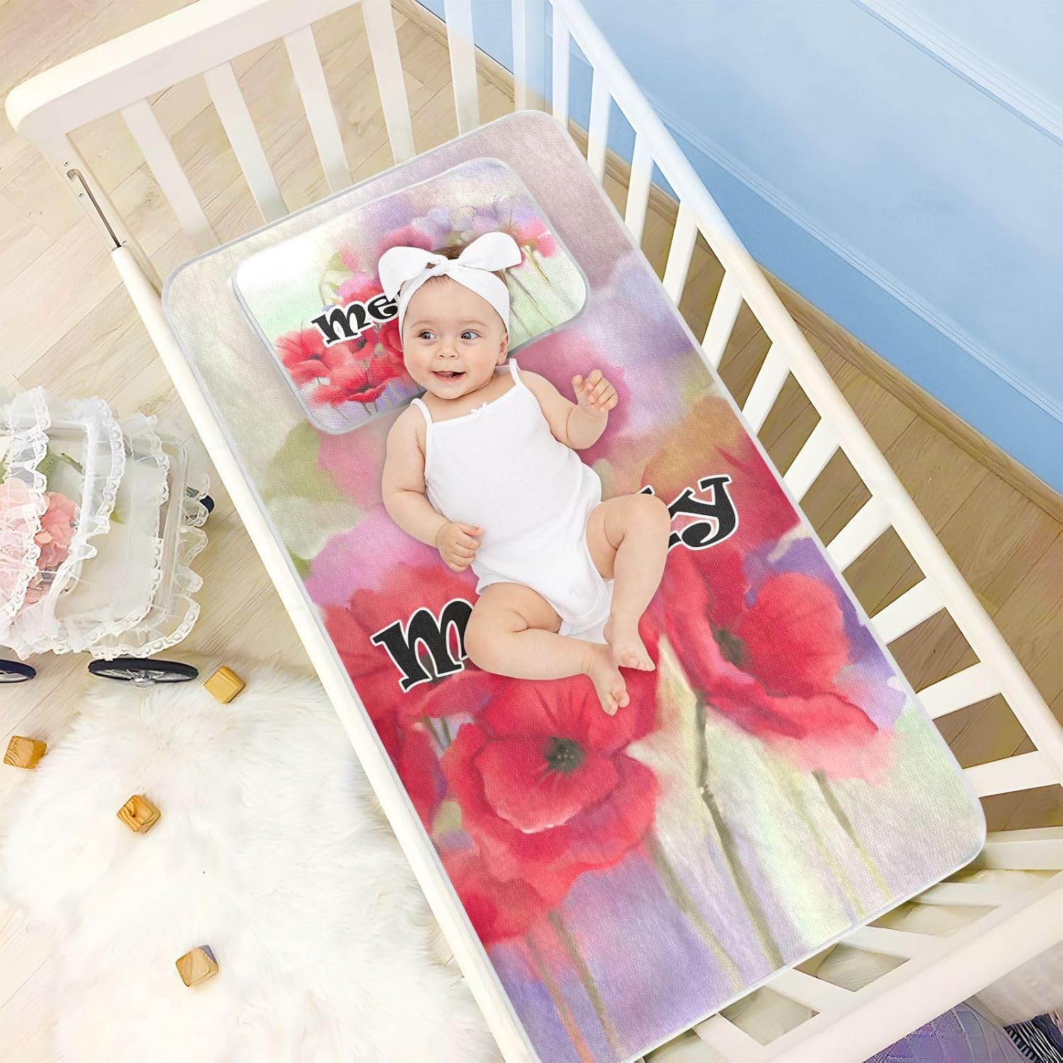 Protector de colchón personalizado de acuarela roja con flores de amapola para niños y niñas, tapete de seda de hielo para cama, colchoneta de