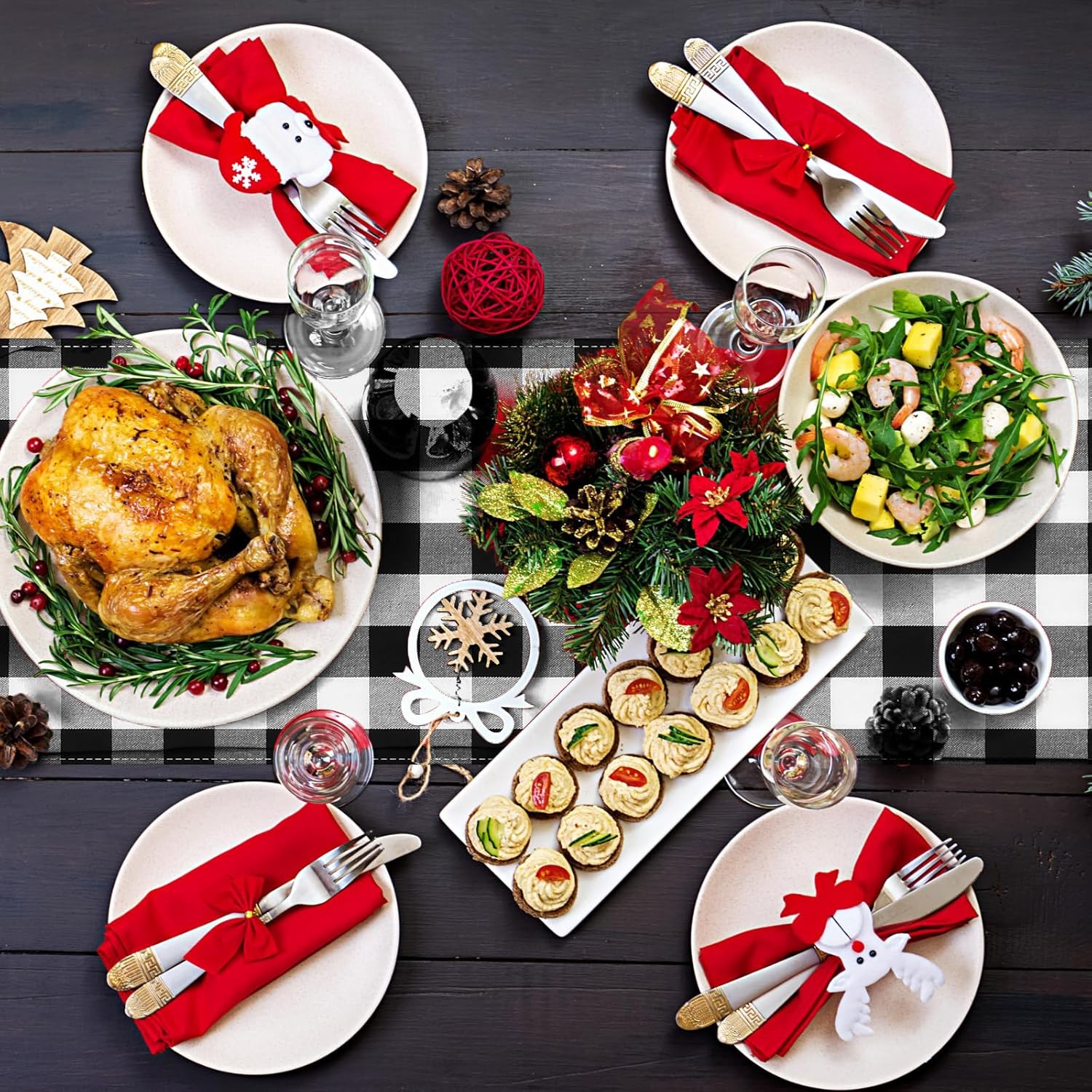 6 fundas para sillas de Navidad, con sombrero de Papá Noel a cuadros de búfalo con camino de mesa de 71 pulgadas para Navidad, comedor, restaurante,