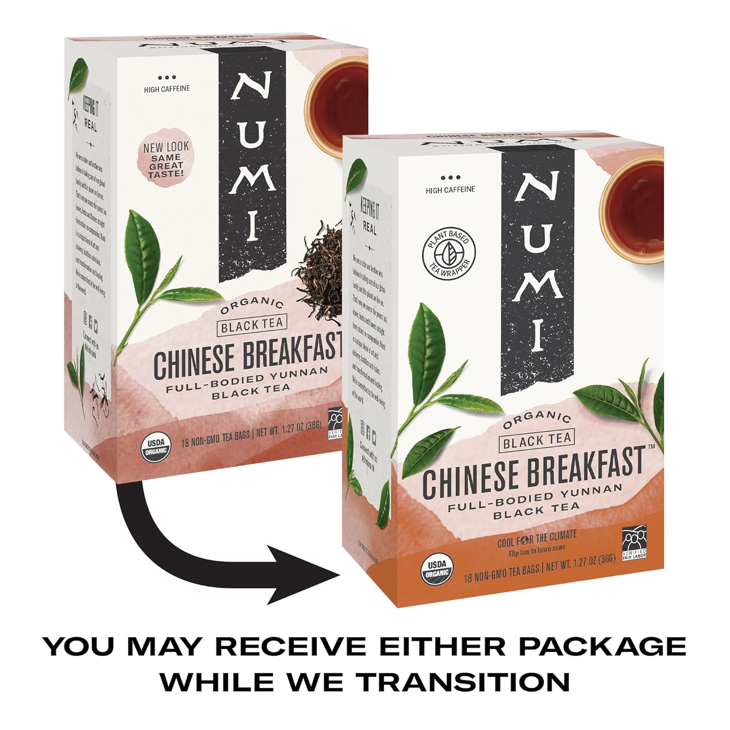 Numi – Té de desayuno chino orgánico, 18 bolsas de té negro Yunnan por caja (el embalaje puede variar)