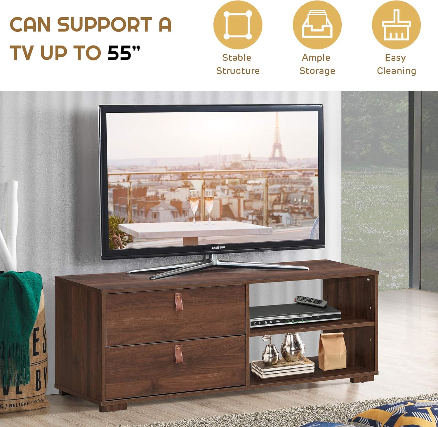 Tangkula Soporte de TV industrial para televisores de hasta 55 pulgadas, mesa consola multimedia con 2 cajones, centro de entretenimiento multiusos