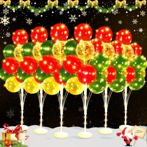 Juego de 6 soportes de globos de Navidad para suelo con cuerdas de luz, dorados, rojos, verdes, centros de mesa, kit de columna de globos para Juego de 6 soportes de globos de Navidad para suelo con cuerdas de luz, dorados, rojos, verdes, centros de mesa, kit de columna de globos para