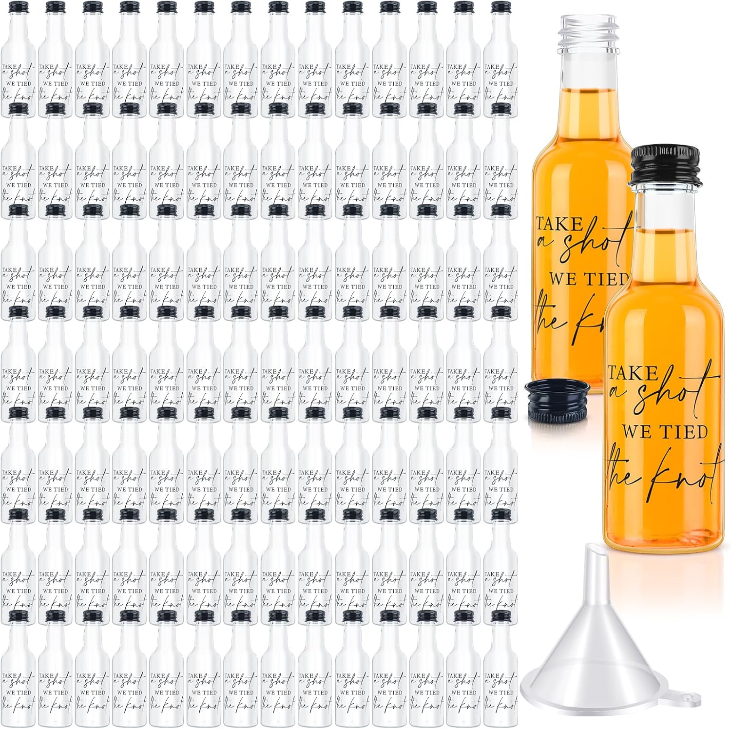 Mini botellas de licor de boda Take a Shot We Tied The Knot Shot para invitados, 1.7 onzas líquidas, botella vacía reutilizable de plástico con