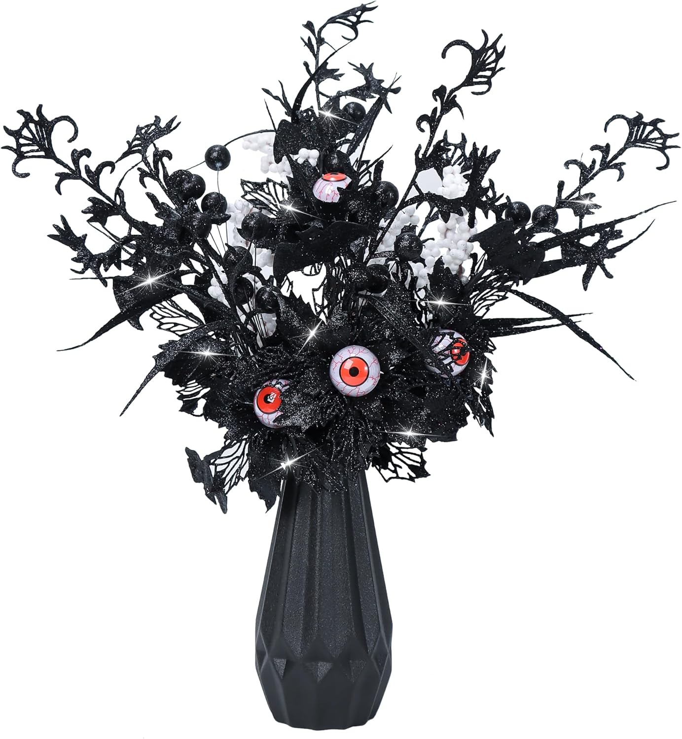 4 piezas de flores artificiales negras con purpurina de Halloween, murciélago, rayas de sangre del diablo, tallos de ojos para decoración del hogar