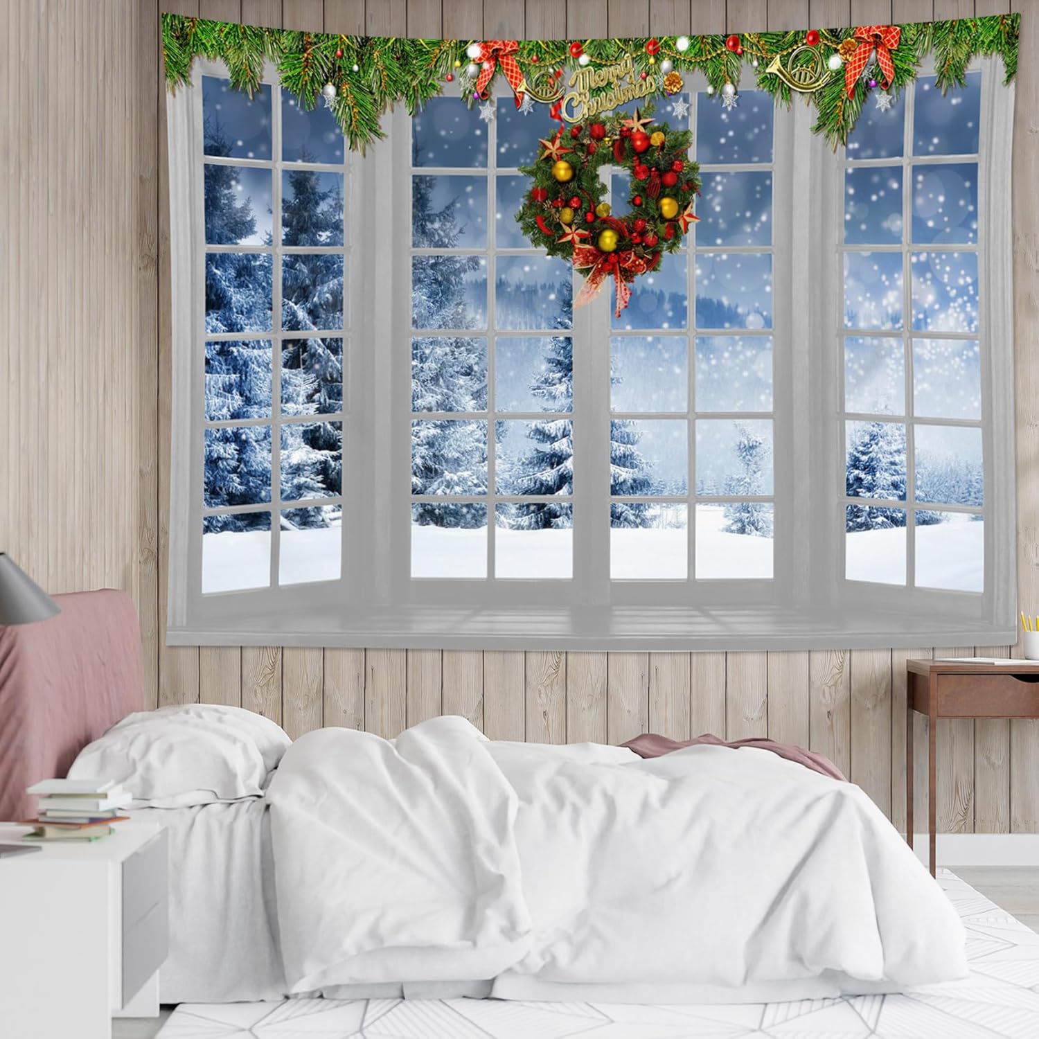 HVEST Tapiz navideño de invierno para colgar en la pared, bosque de pinos nevados con copo de nieve a través de ventana, tapiz de corona de Navidad