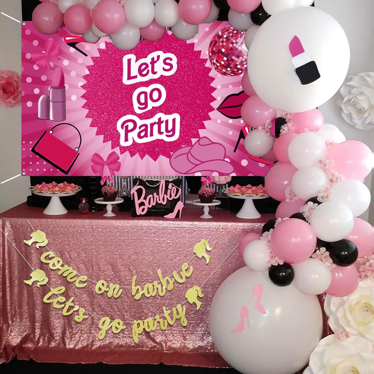 Cartel de fiesta con texto en inglés “Let’s Go” de color rosa intenso, cartel con temática de princesa, marco de fotos, fondo de fotografía para
