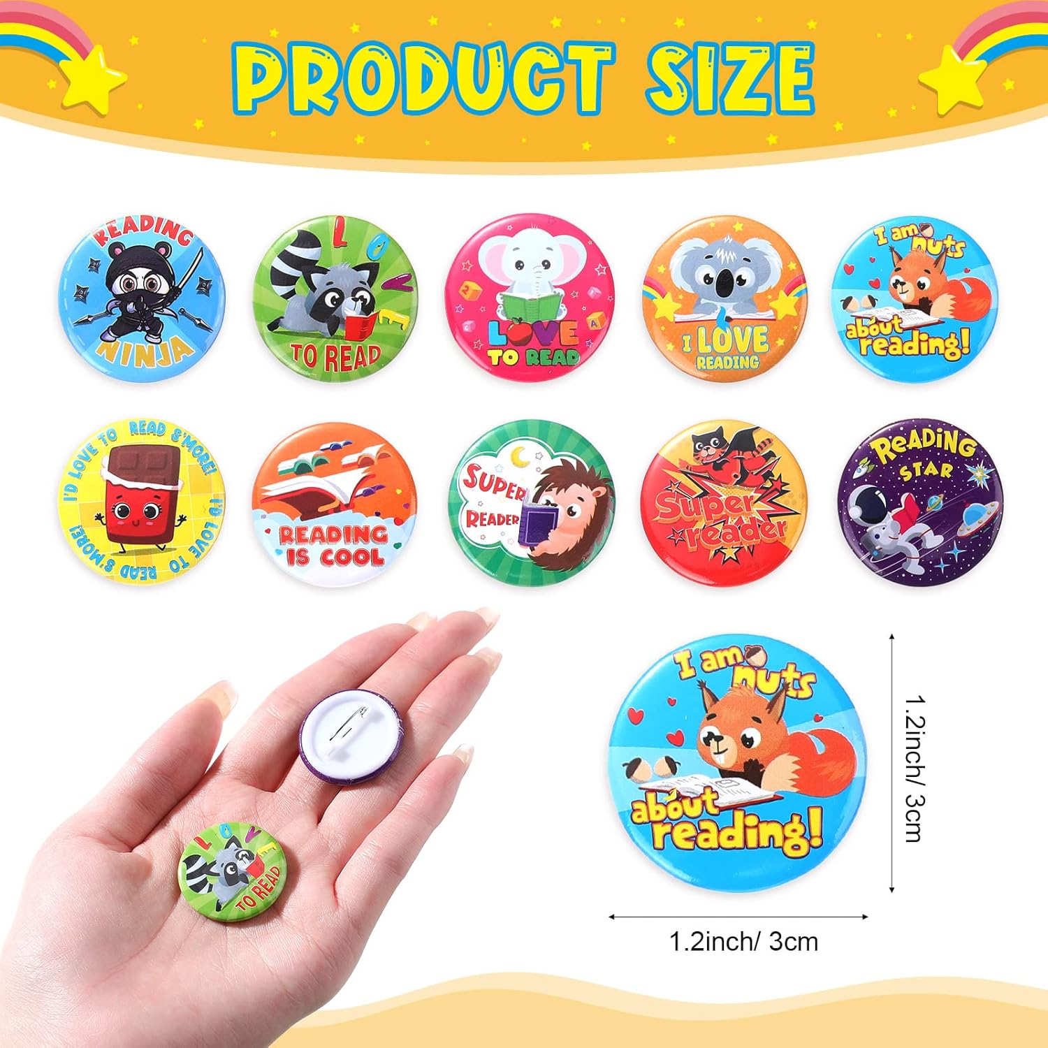 Frienda 60 pulseras con botones y pines para lectura, insignias para el aula, recompensas para profesores, premios, regalos de fiesta de escuela