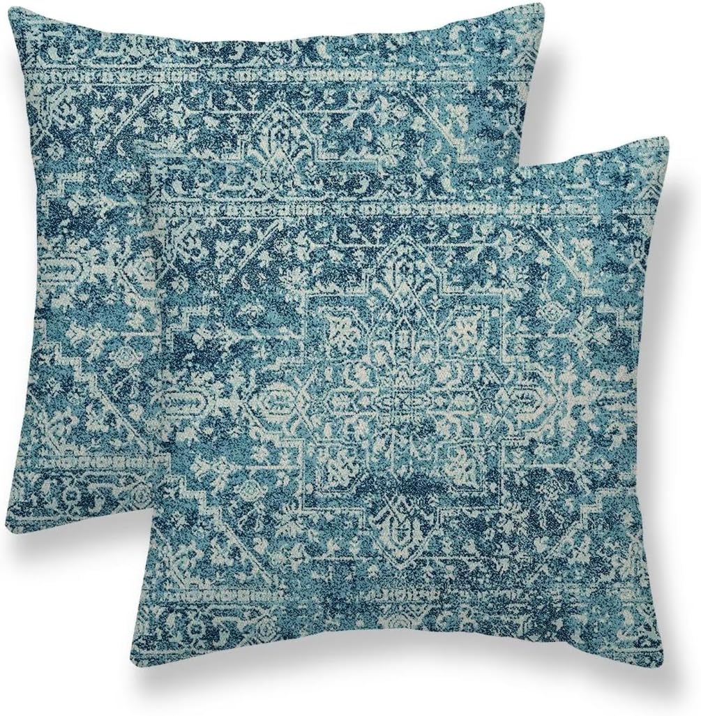 Juego de 2 fundas de almohada bohemias color verde azulado de 16 x 16 pulgadas, patrón de alfombra bohemia para exteriores, almohadas decorativas de