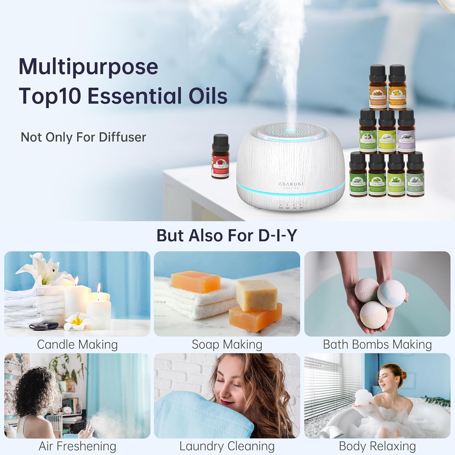 ASAKUKI Difusor de aceite esencial de alta calidad con juego de 10 aceites y control remoto, vaporizador humidificador ultrasónico de aceite