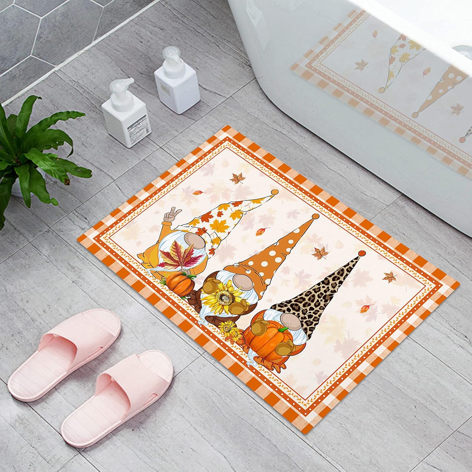 Thanksgiving Orange Grid Door Mat, Non-Slip Bath Rugs Welcome Entrance Doormat Thin Floor Mats Gnomes with Maple Leaf Sunflowers Pumpkin Rug for