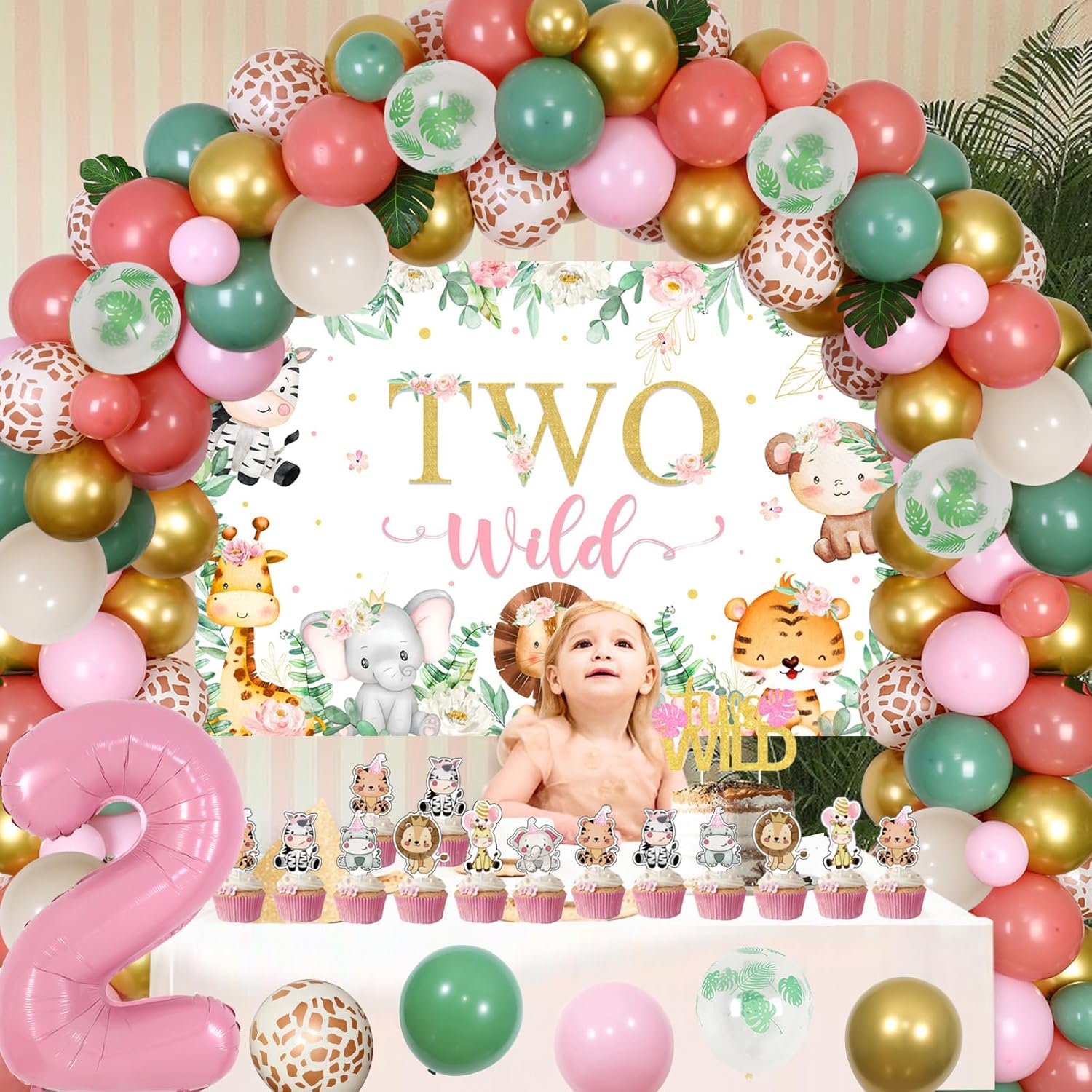 Decoraciones de segundo cumpleaños con temática de selva para niña, kit de arco de globos rosa polvoriento y verde salvia con dos decoraciones de