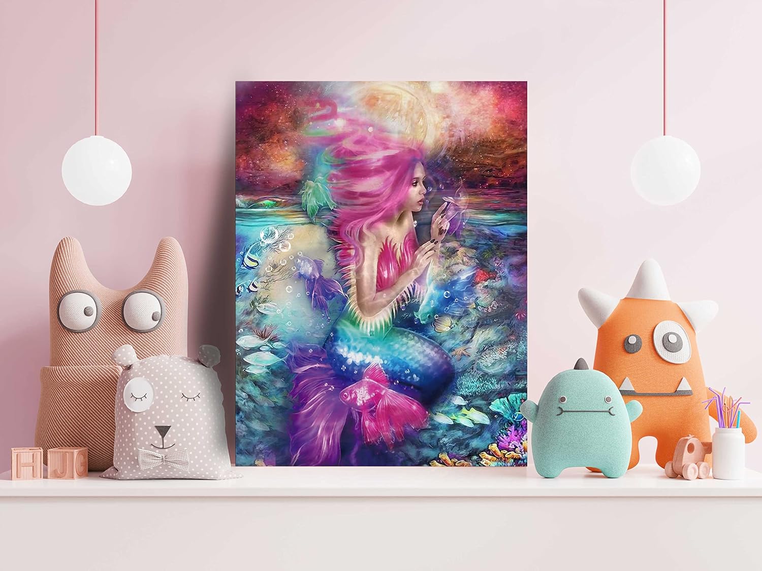 Xxliren Lienzo decorativo para pared de baño con imágenes de sirena, decoración de habitación de sirena rosa para dormitorio de niñas, tamaño de