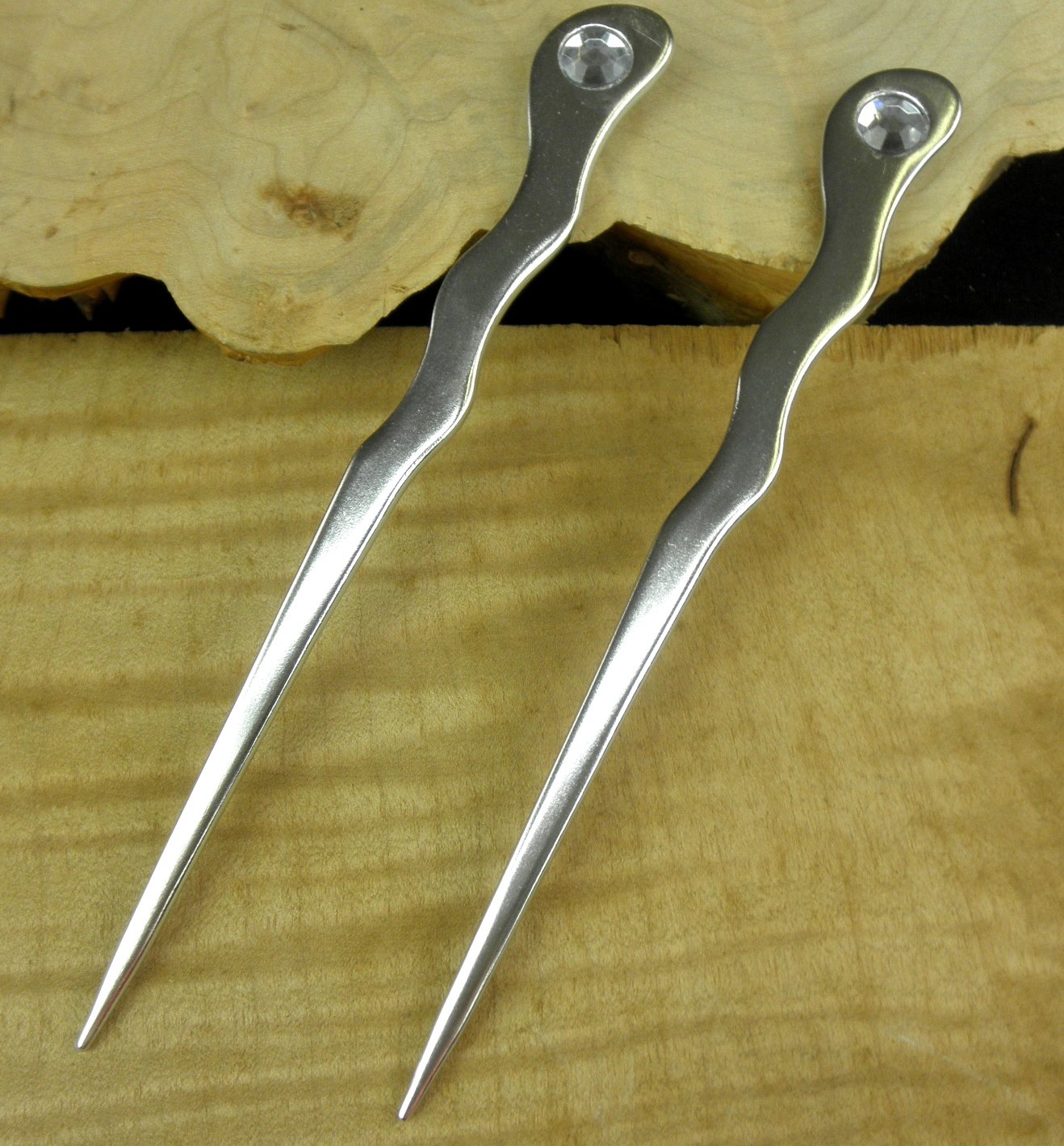 (2) Palillos de pelo en espiral de metal de aluminio anodizado de 6 pulgadas de largo con diamantes de imitación transparentes, horquilla de púa –