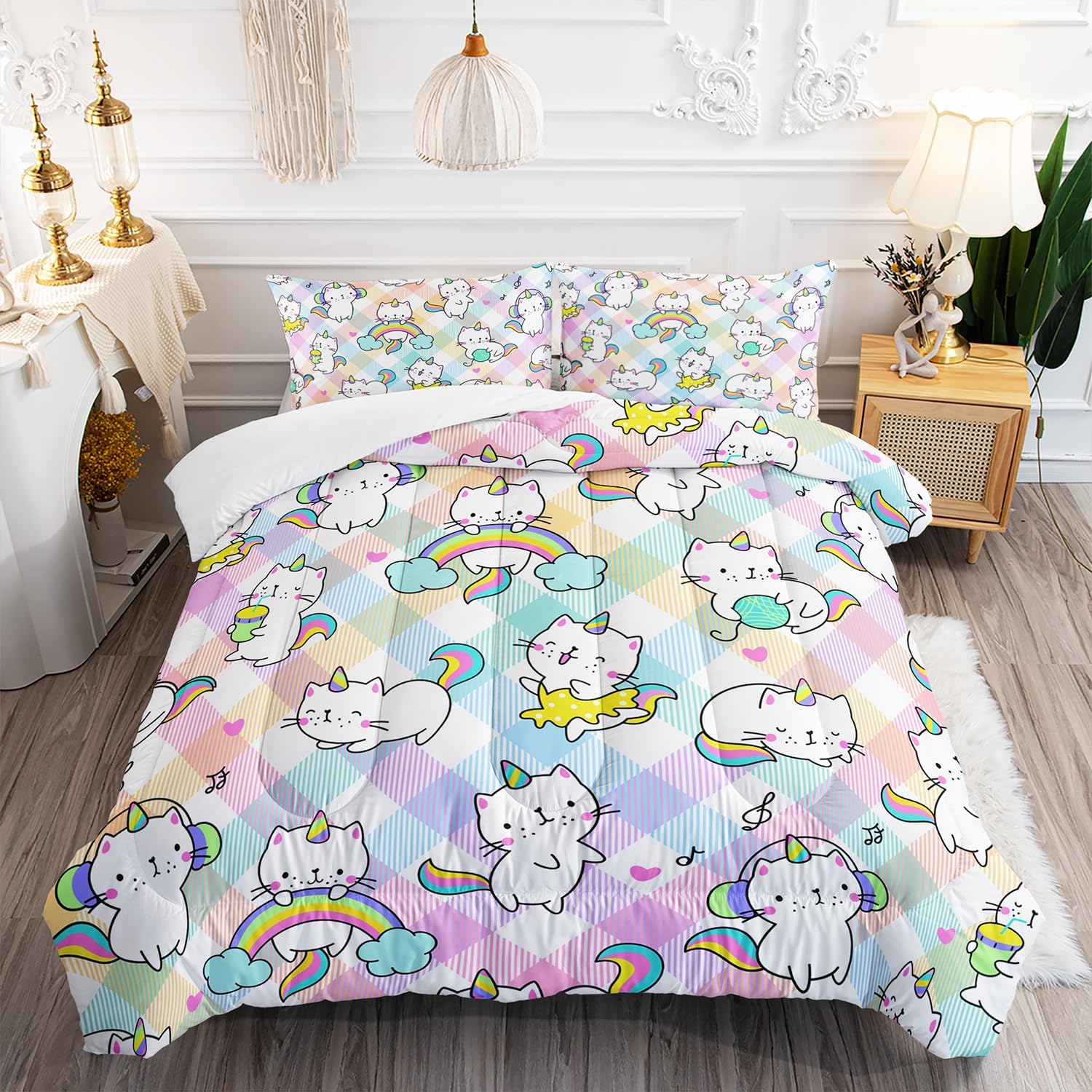 AILONEN Juego de edredón de gatos de unicornio, tamaño individual, juego de ropa de cama de unicornio arcoíris para niños y niñas, bonito juego de
