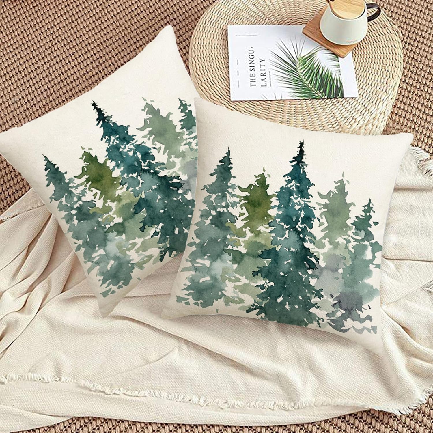 Juego de 2 fundas de almohada de árbol de Navidad verde oscuro de 18 x 18 pulgadas, diseño de acuarela de bosque natural, para exteriores, invierno,