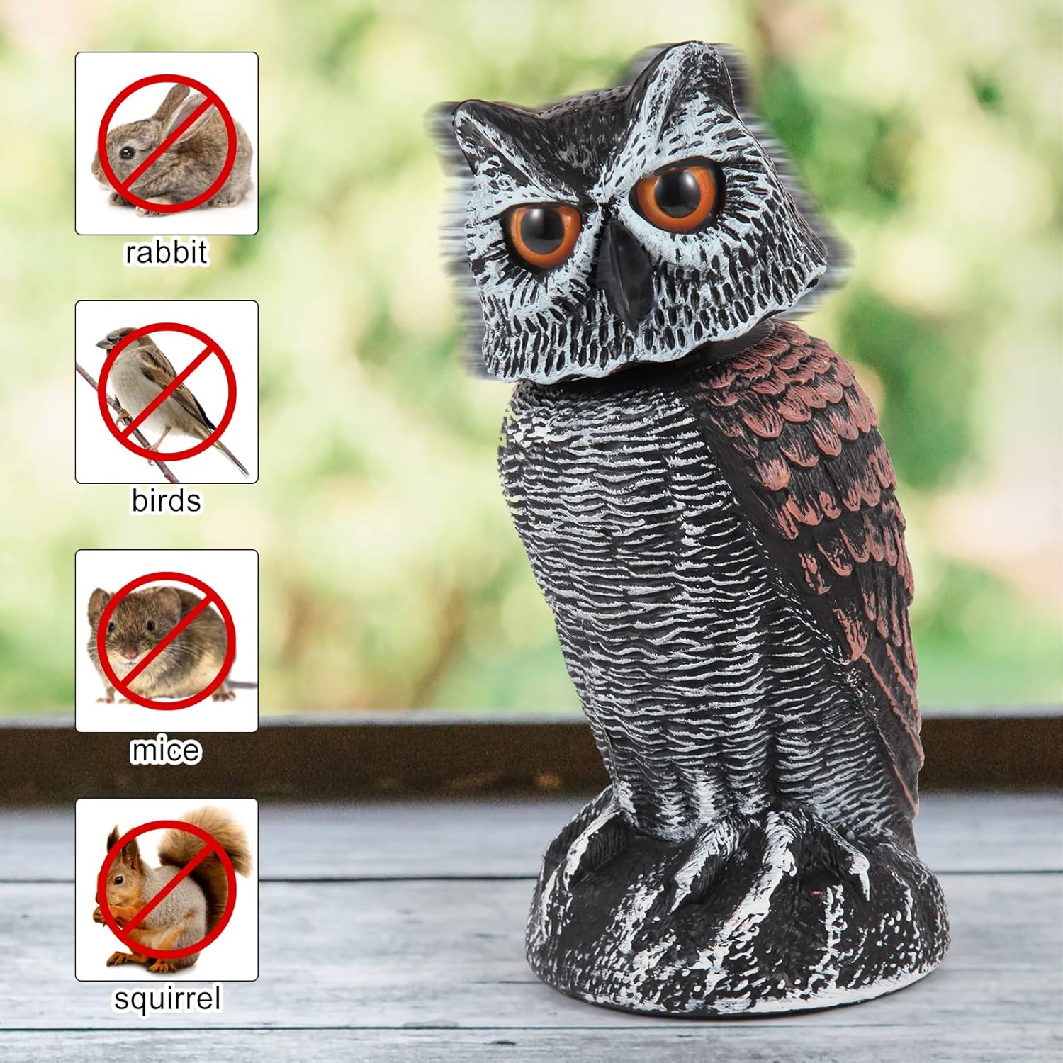 Paquete de 2 señuelos falsos de búho para asustar a las aves lejos de jardines y patios, disuasorios de pájaros de búho de cabeza giratoria,