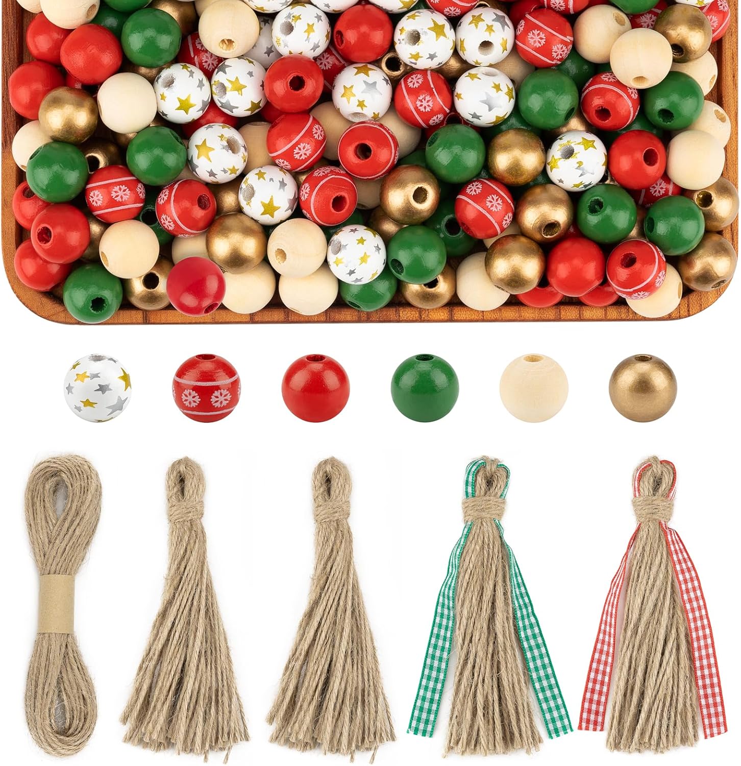 200 cuentas de madera de Navidad, manualidades, cuentas de madera, estampado de estrellas, estampado de nieve, madera roja, verde y dorada, cuentas