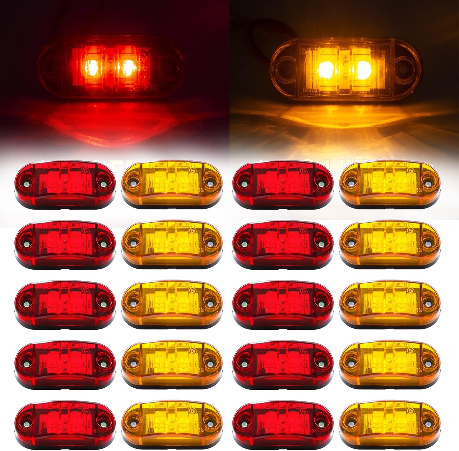 (10 ámbar + 10 rojo) 2.5 pulgadas, 2 diodos, luces marcadoras de remolque, 2 luces LED de marcador lateral de remolque, luces ovaladas para