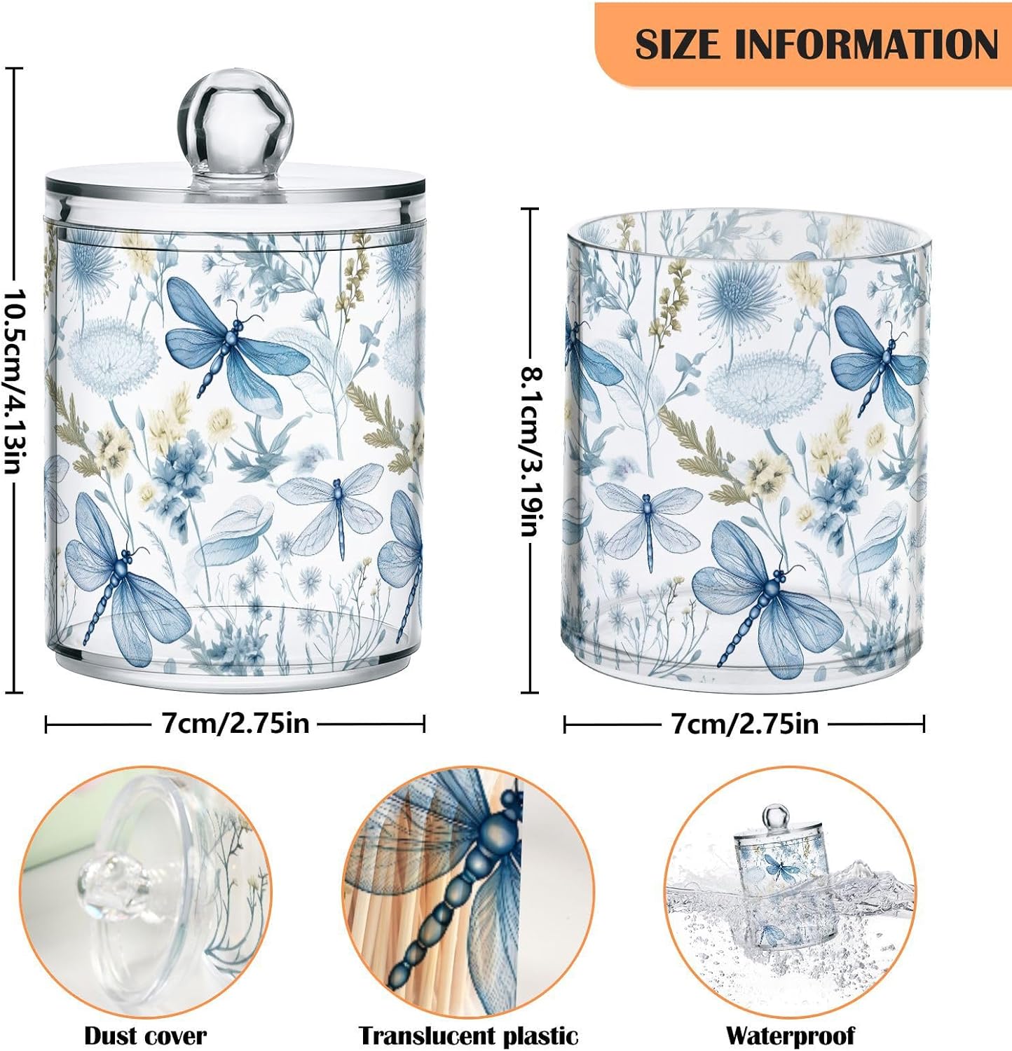 Paquete de 2 dispensadores de soporte Qtip con tapas, recipientes de almacenamiento de plástico con libélulas florales azules, organizador de