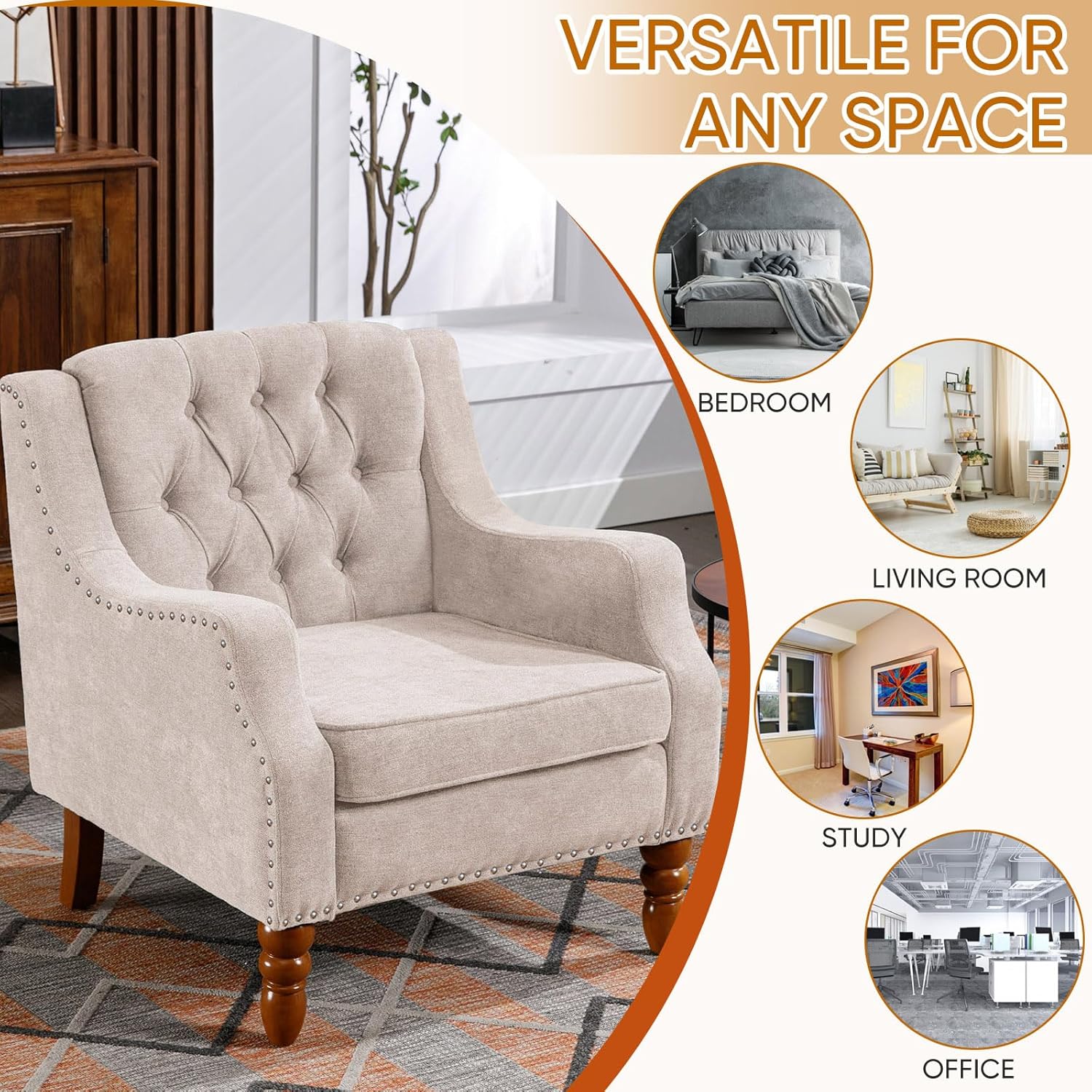 TTK Sillas decorativas de tela de lino, moderna de mediados de siglo, silla decorativa tapizada individual con respaldo, cómoda silla de lectura con