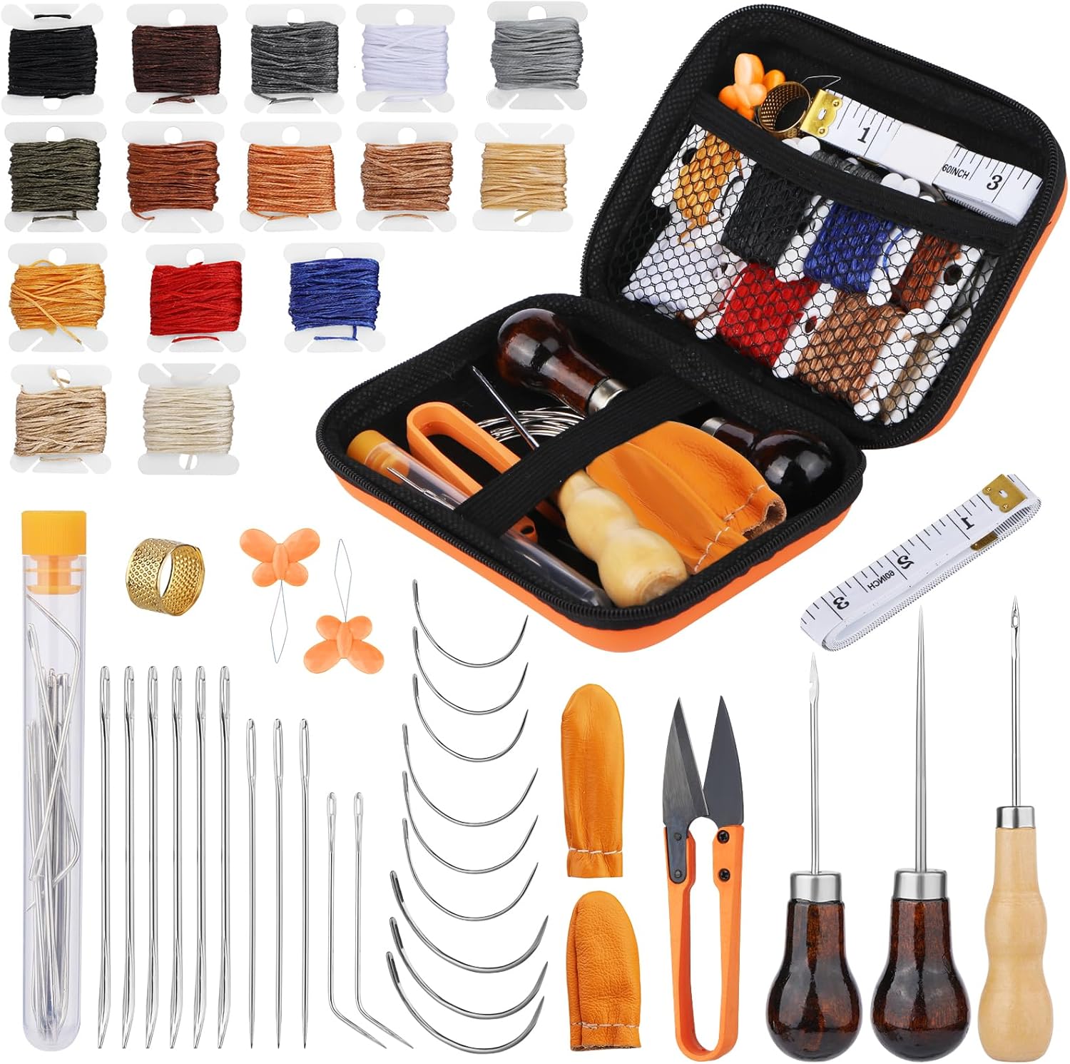LOKUNN Kit completo de costura de cuero, 47 piezas, herramientas de costura de cuero para principiantes, kit de reparación de tapicería con hilo