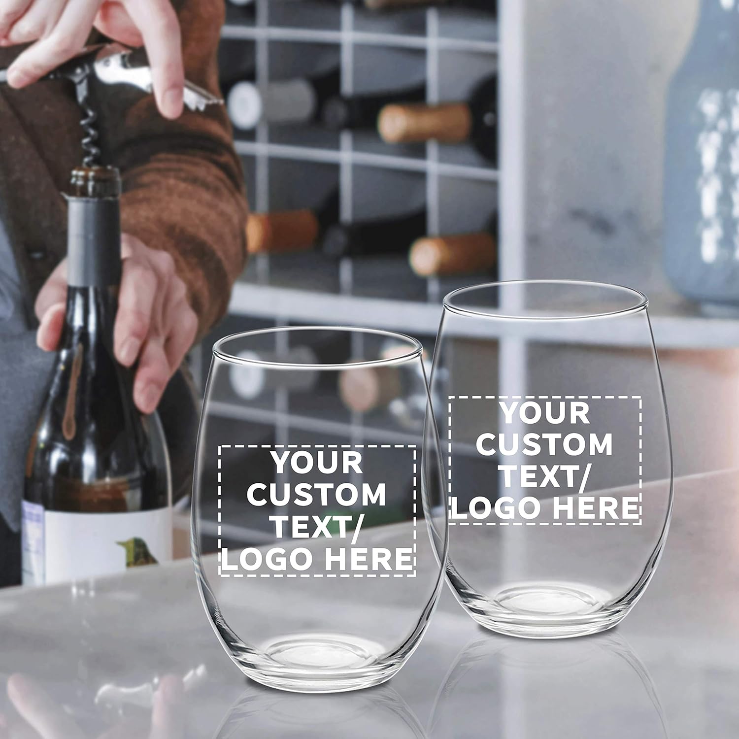 DISCOUNT PROMOS 50 ARC – Juego de copas de vino sin tallo, 21 onzas, texto personalizable, logotipo, Chardonnay, Cabernet, Merlot, Sauvignon,