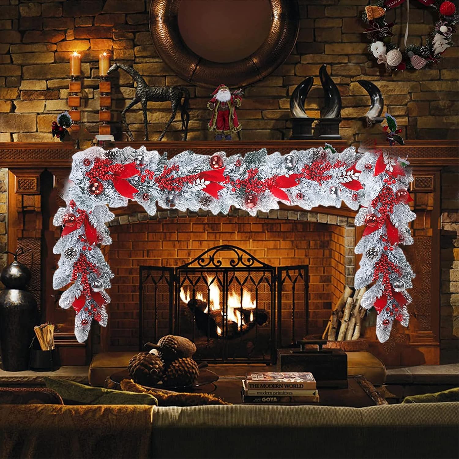 Guirnalda de Navidad artificial de 3.93 pies, corona de Navidad con cinta roja, ramo de bayas, bolas de Navidad y piñas, guirnalda de Navidad,