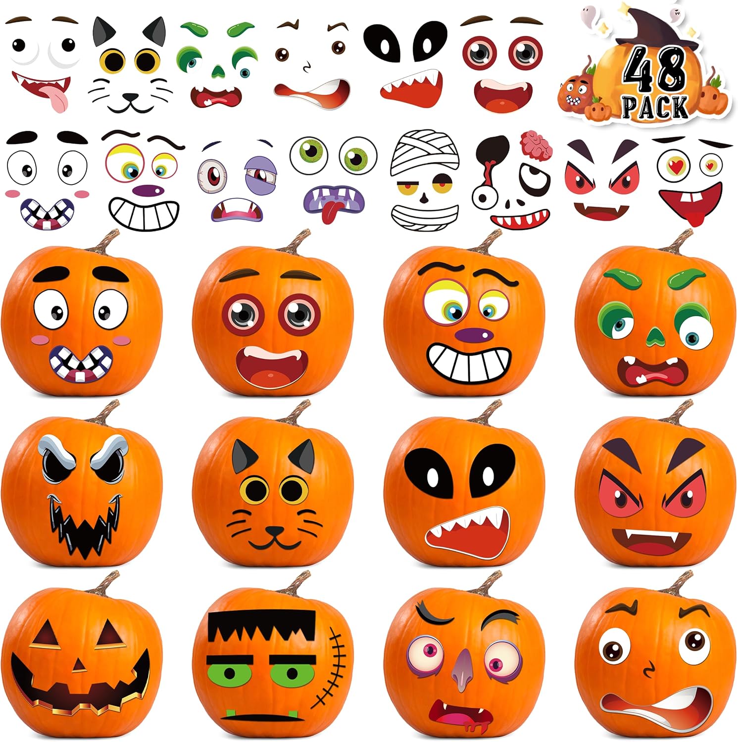 Paquete de 48 calcomanías decorativas de calabaza de Halloween, mini calcomanías de cara de calabaza para niños, calcomanías pequeñas de calabaza