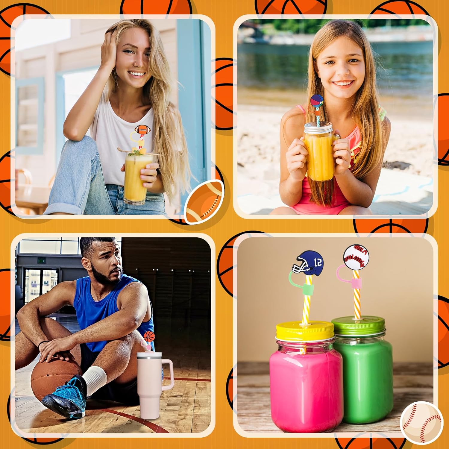 12 fundas de silicona reutilizables con punta de popote para fiestas deportivas, tapones para popotes, protector de popote deportivo para puntas de