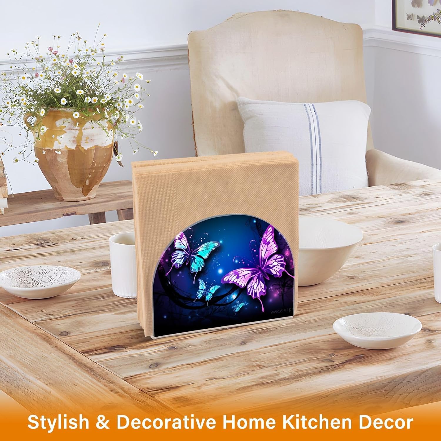 Napkin Holder Purple Butterfly Napkin Holders for Tables, Clear Acrylic Napkin Holders Cocktail Napkin Holder for Kitchen Restaurant Bar Home Decor