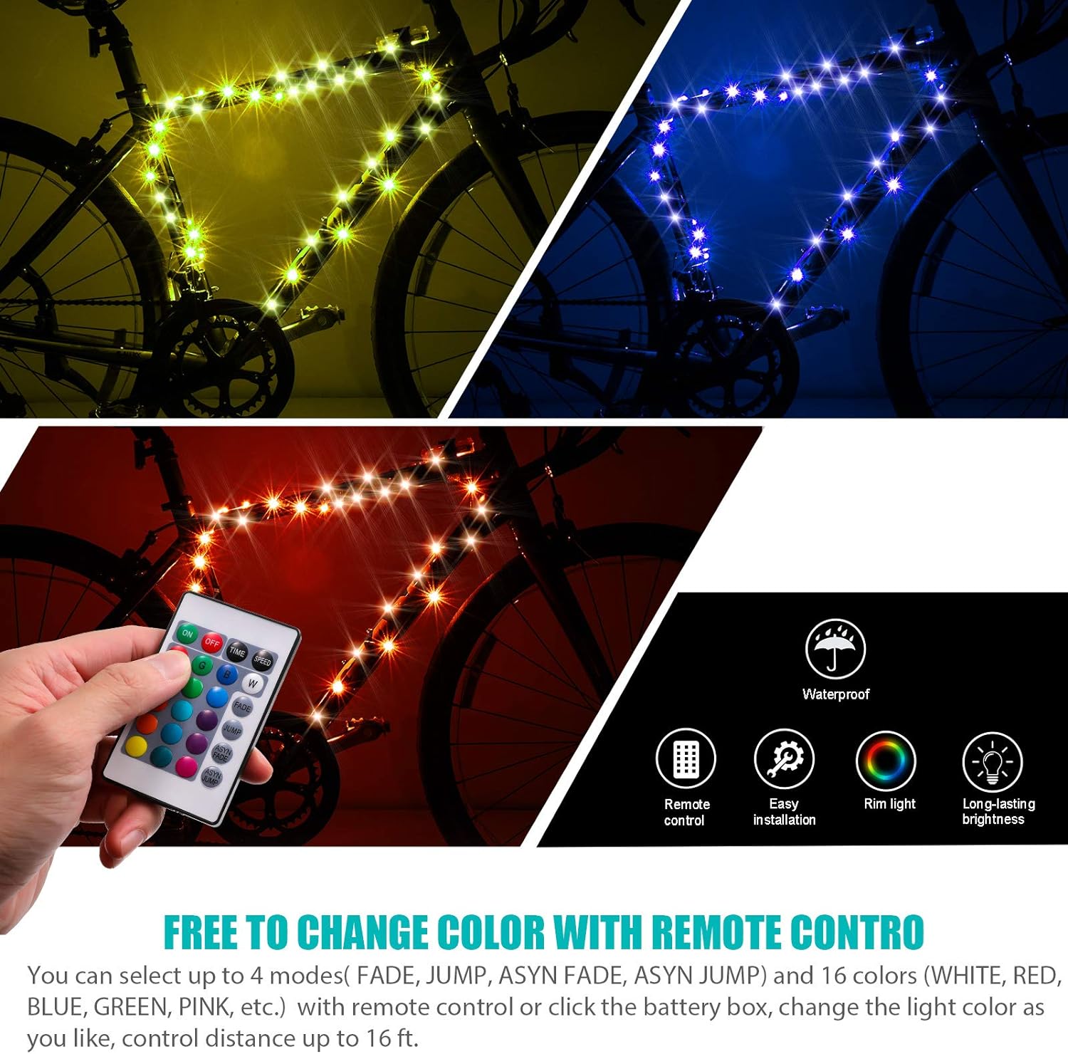 Waybelive Luces LED para marco de bicicleta, luz LED con control remoto, 16 colores que cambian por ti mismo, impermeable, súper brillante para