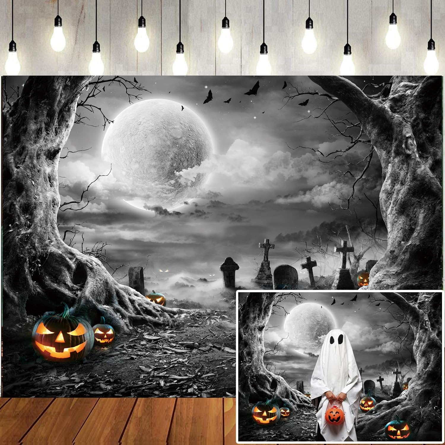 LTLYH Telón de fondo de fotografía de Halloween de 7 x 5 pies, decoración de noche de terror, telón de fondo de fotos de calabaza aterradora, luna,