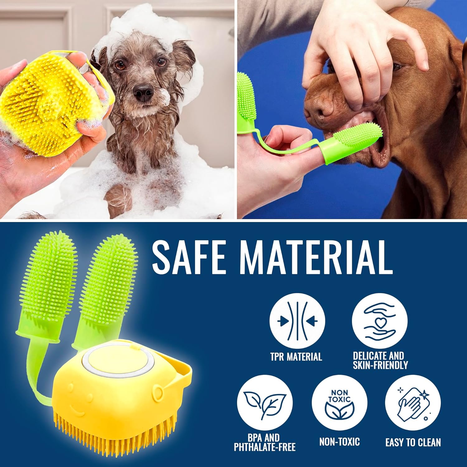 Cepillo de dientes para dedos de perro, cepillo de champú para perros, accesorios para perros cepillo de baño para perros 3 en 1 y kit de cepillo de