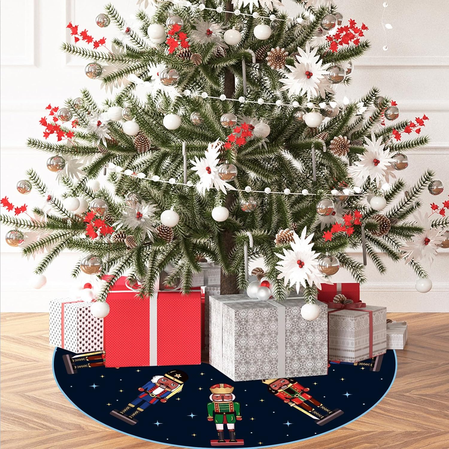 Falda de árbol de Navidad, color azul marino, cascanueces, falda de árbol de invierno de 48 pulgadas para decoración de Navidad en interiores y