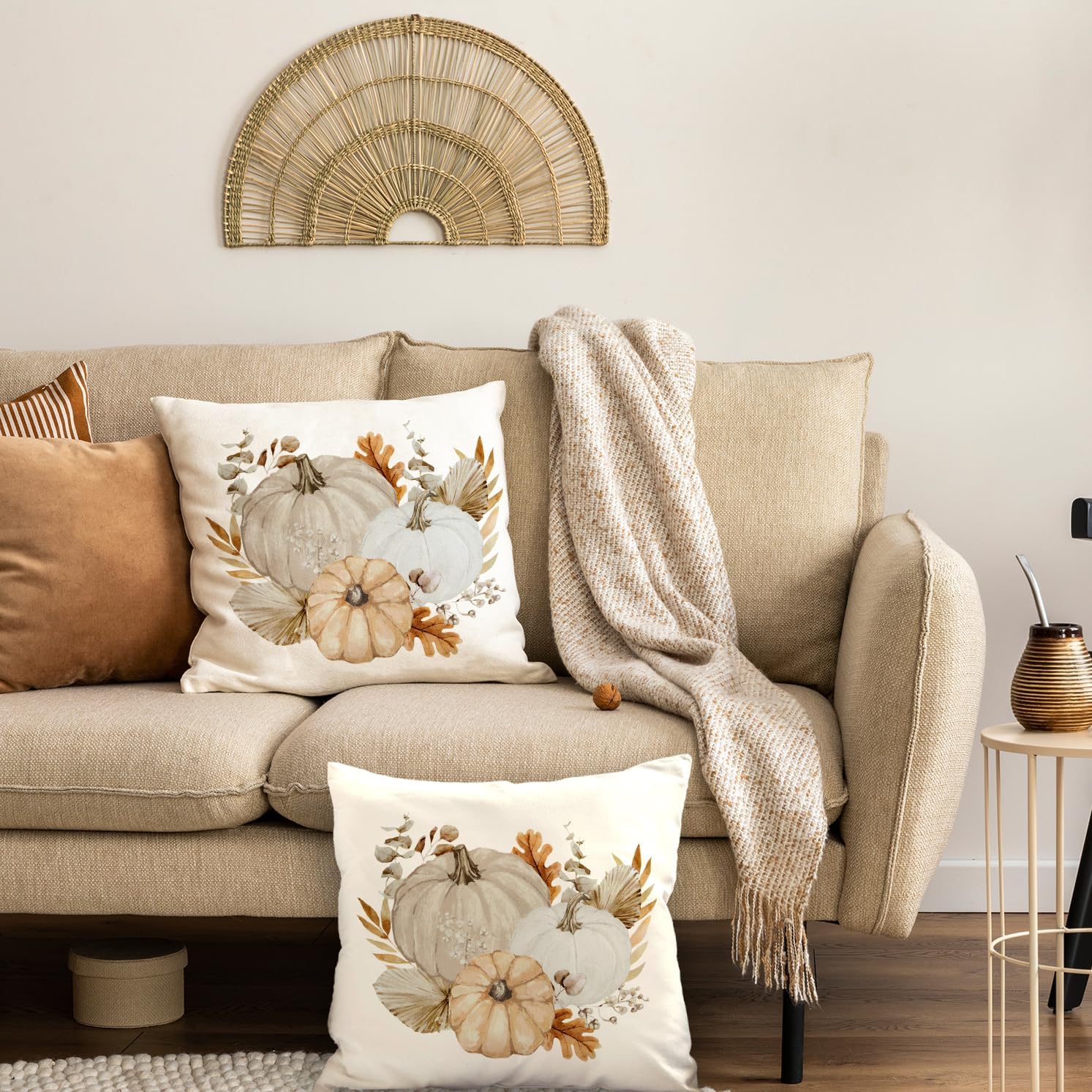 Juego de 2 fundas de almohada decorativas de otoño de 18 x 18 pulgadas, fundas de cojín de calabazas de otoño de lino sintético, granja, Acción de