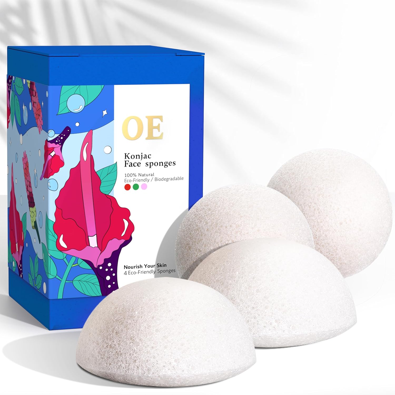 Konjac – Esponja facial (paquete de 4)  100% natural y libre de tintes  No tóxica  Biodegradable  Ecológica  Embalaje sin plástico