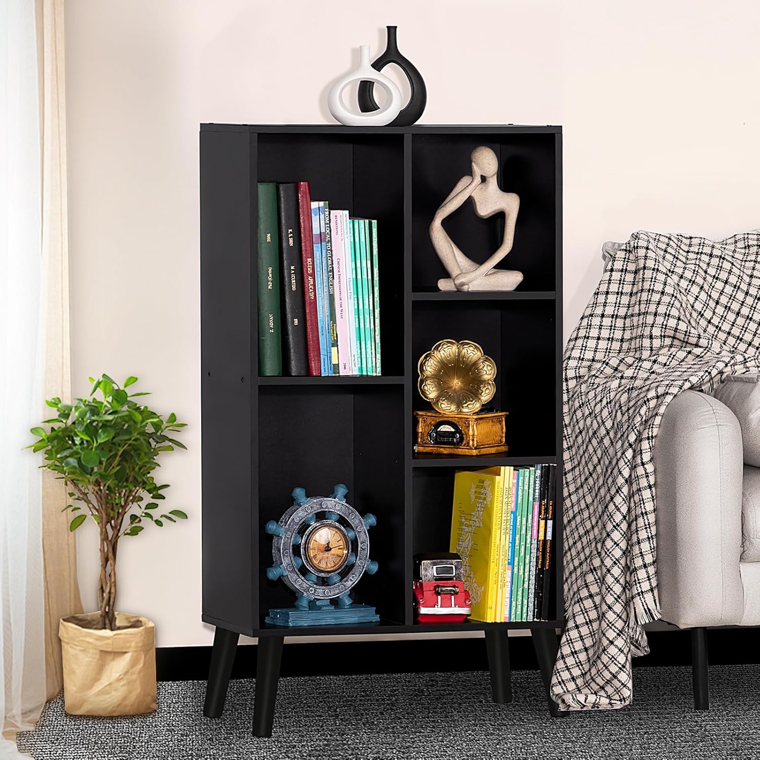 YAHARBO Small Black Narrow Bookshelf,3 Tier Modern Bookcase with Legs,Bookshelves Wood Storage Shelf,Rustic Book Shelves Cube Organizer,Display