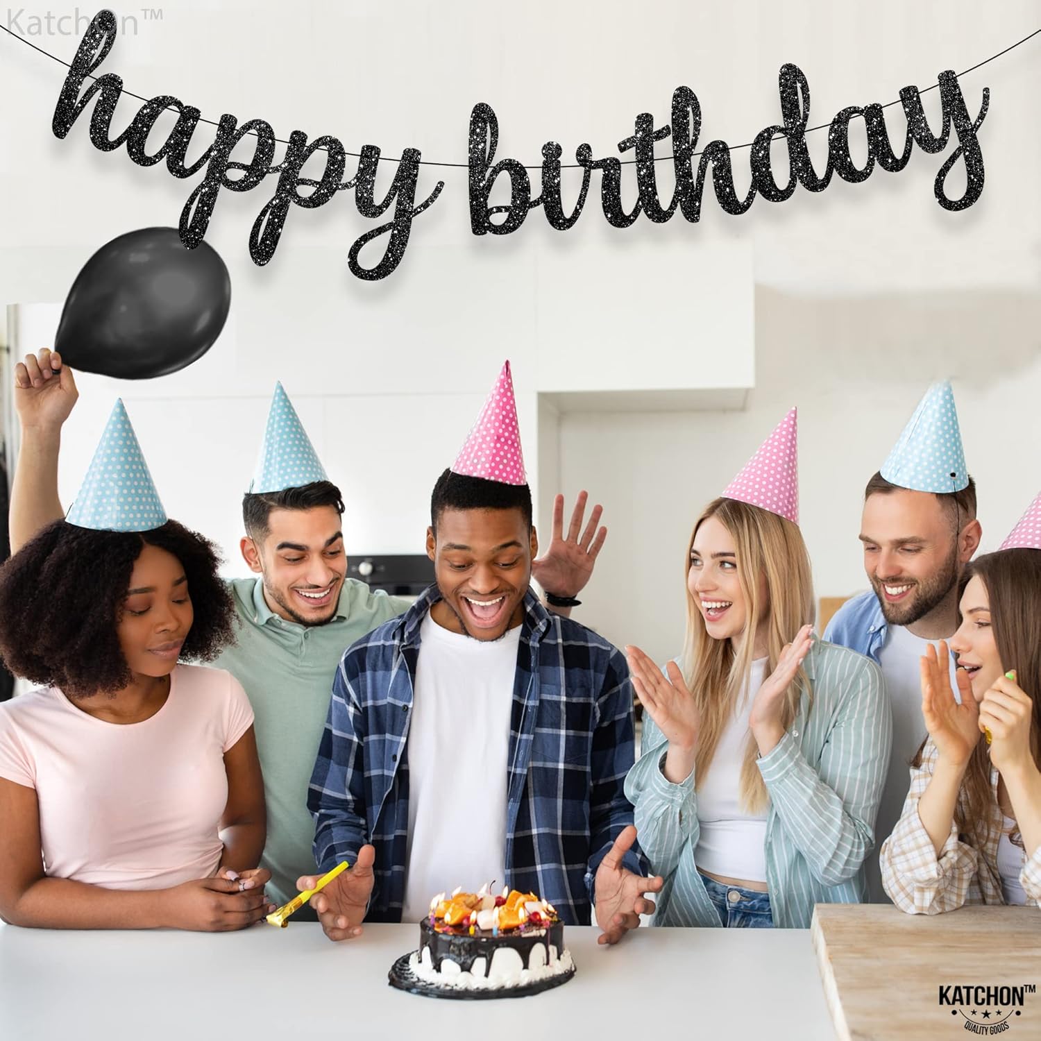 KatchOn Cartel de feliz cumpleaños negro con purpurina  10 pies, NO DIY  Cartel de cumpleaños negro  Decoraciones de cumpleaños negras  Cartel negro