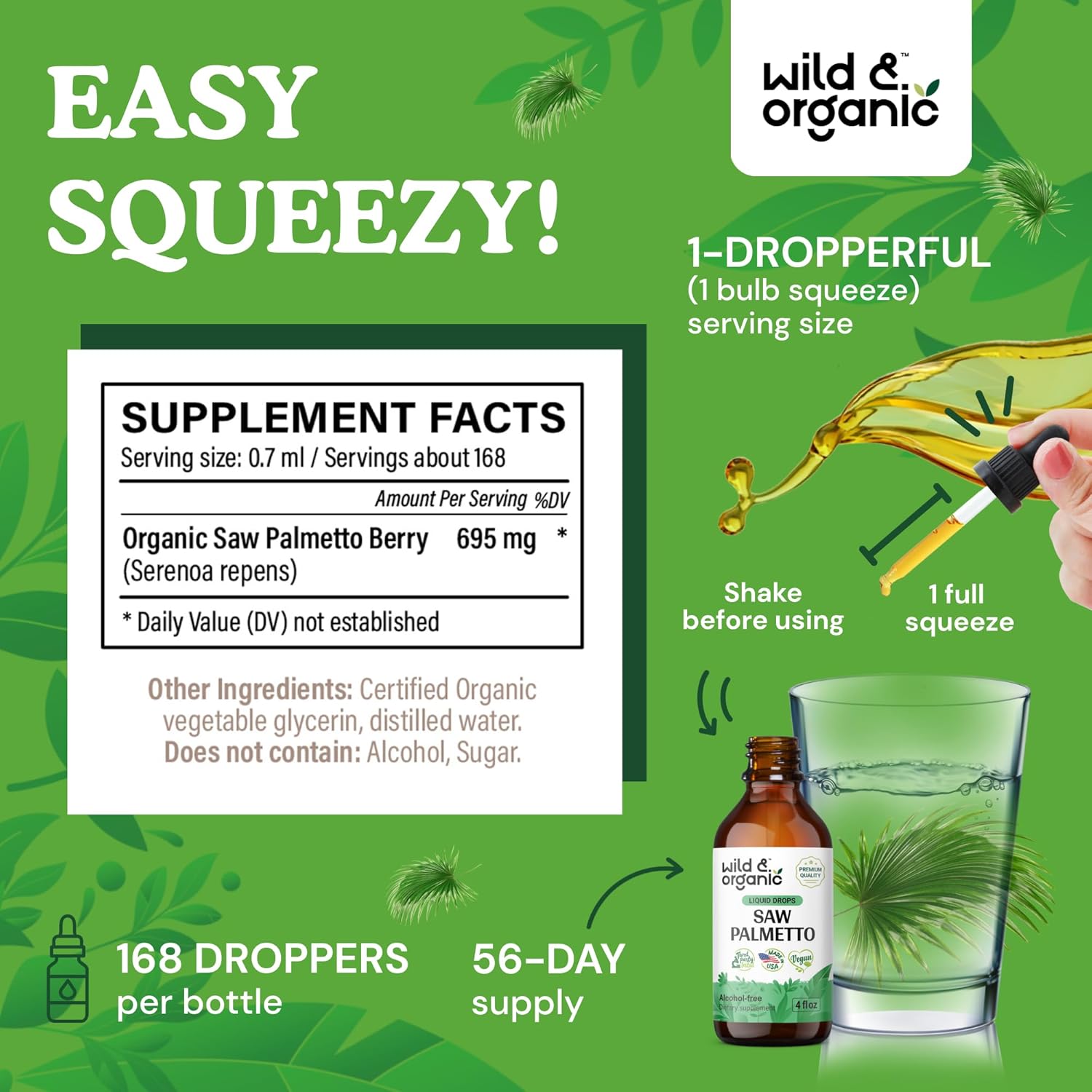 Suplemento de extracto líquido de Saw Palmetto para hombres y mujeres, tintura orgánica de palma enana americana, vegana, gotas sin alcohol, 4 onzas
