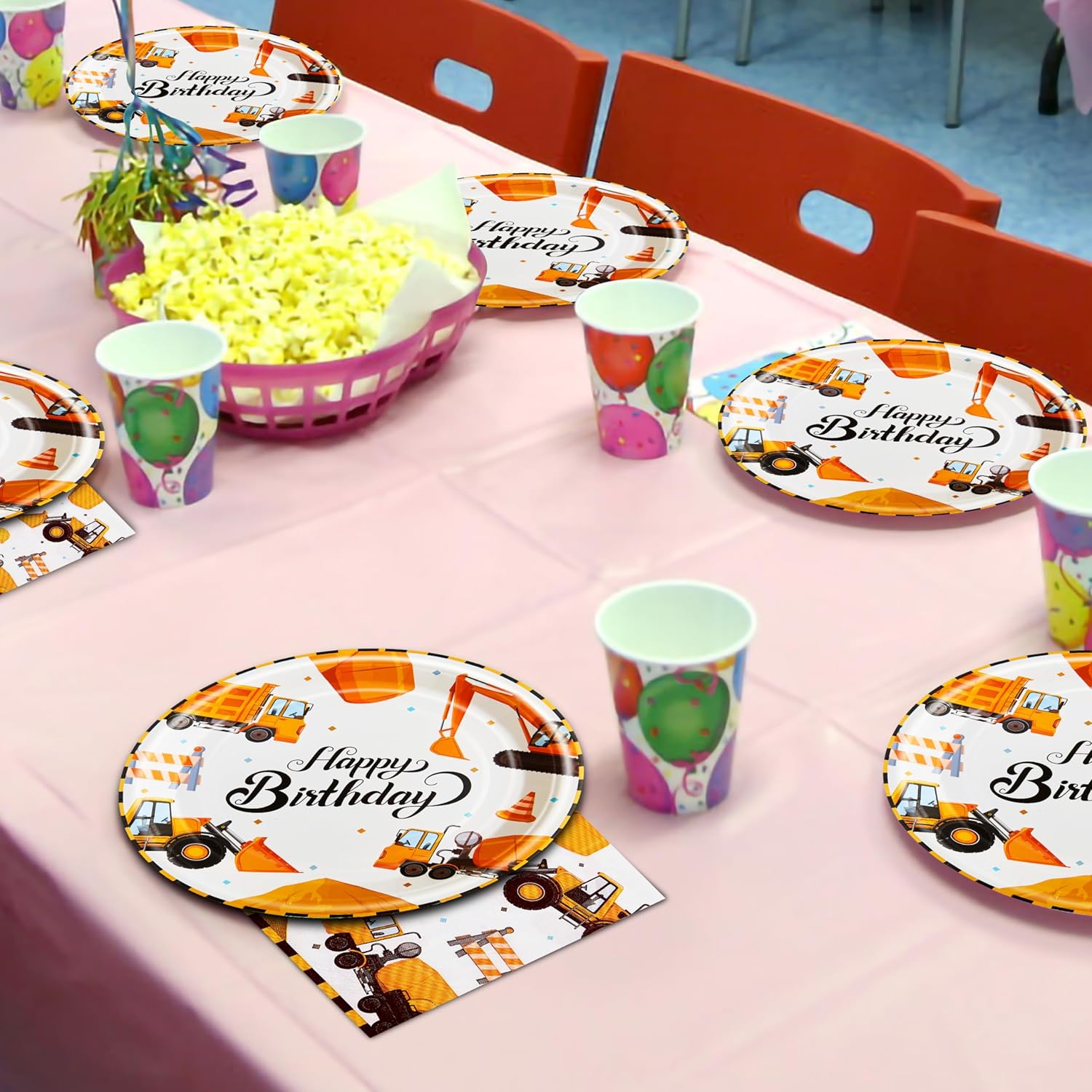 Juego de 96 platos de construcción para fiestas, servilletas, tenedores, suministros de vajilla, juego de vajilla desechable, decoración temática de