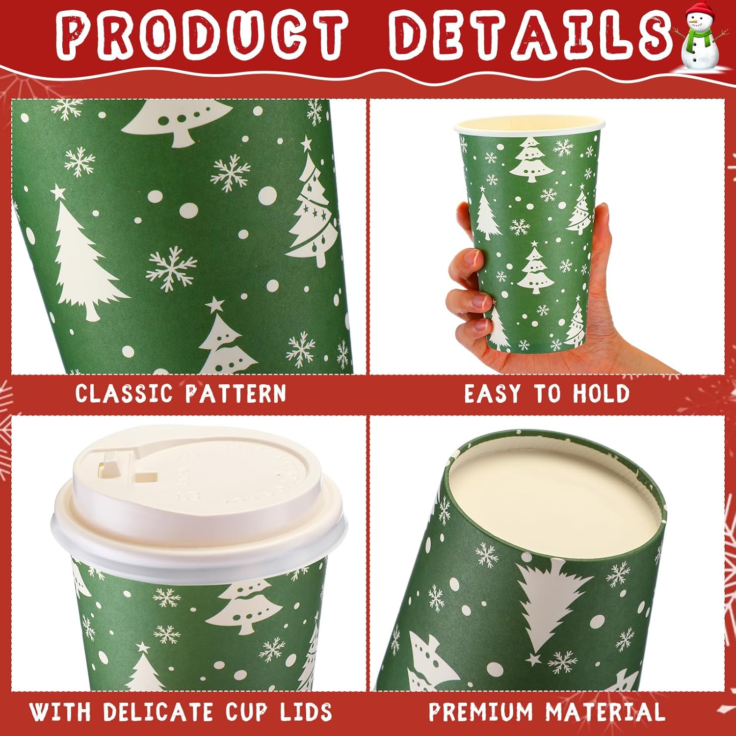 100 vasos de papel de café de Navidad con tapas, 16 onzas, desechables, muñeco de nieve, Papá Noel, elfo, tazas de papel para bebidas calientes de