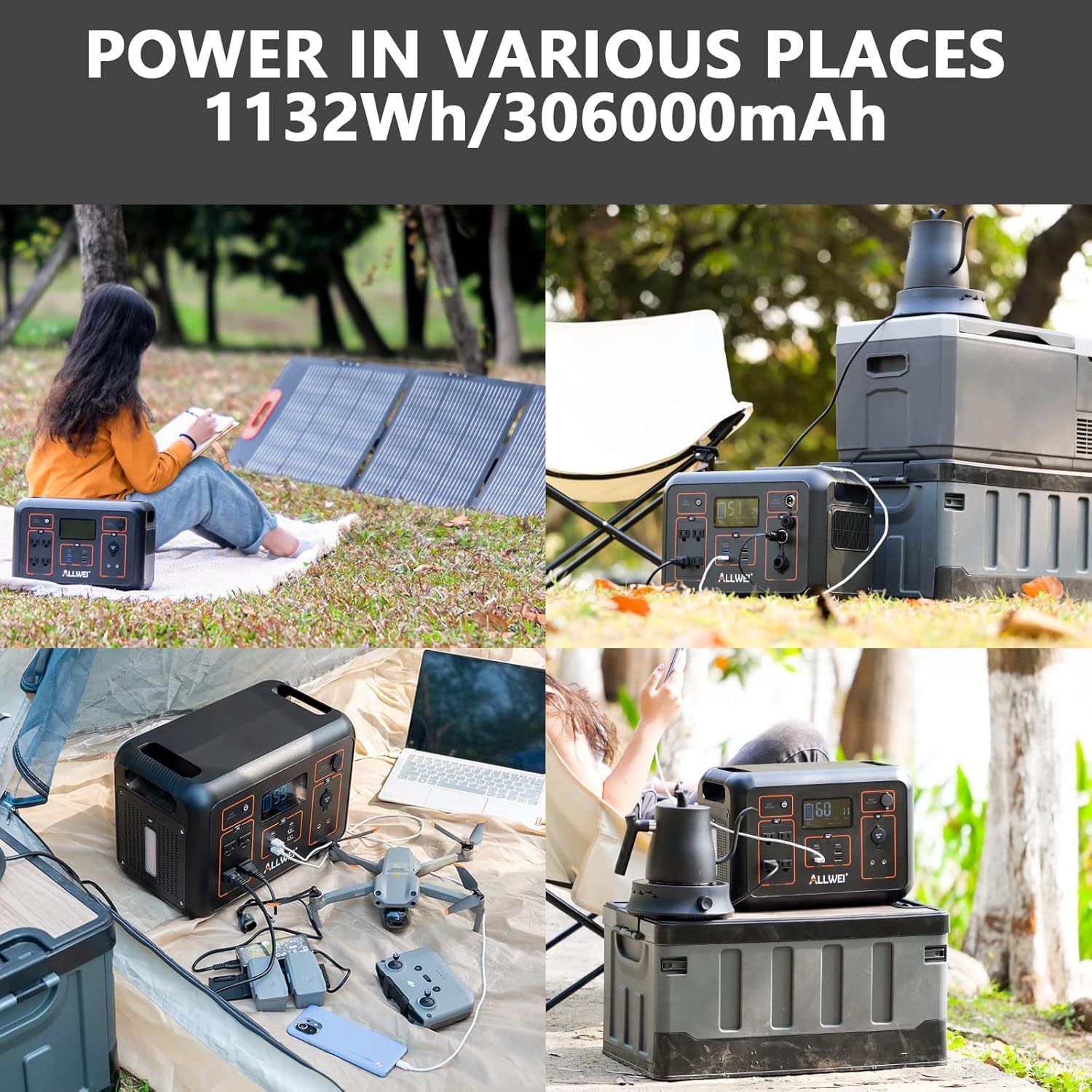 ALLWEI Estación de energía portátil de 1200 W (pico 2400 W), generador solar de 1132 Wh 306000 mAh con 4 salidas de CA de 120 V, 6 USB-C PD3.0 60 W,