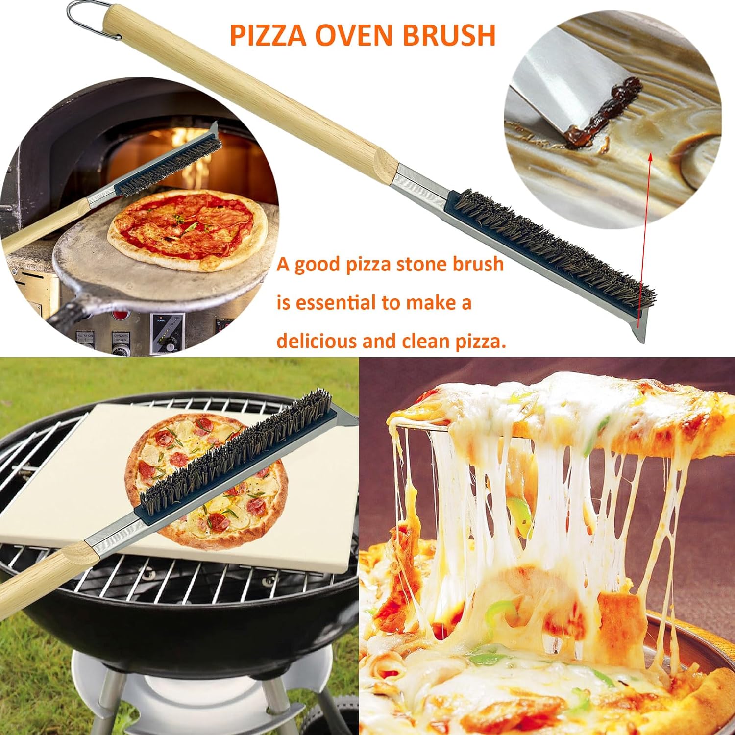 Cepillo para horno de pizza con raspador, cepillo de piedra de pizza de 21 pulgadas con mango de madera largo desmontable, resistente al calor,