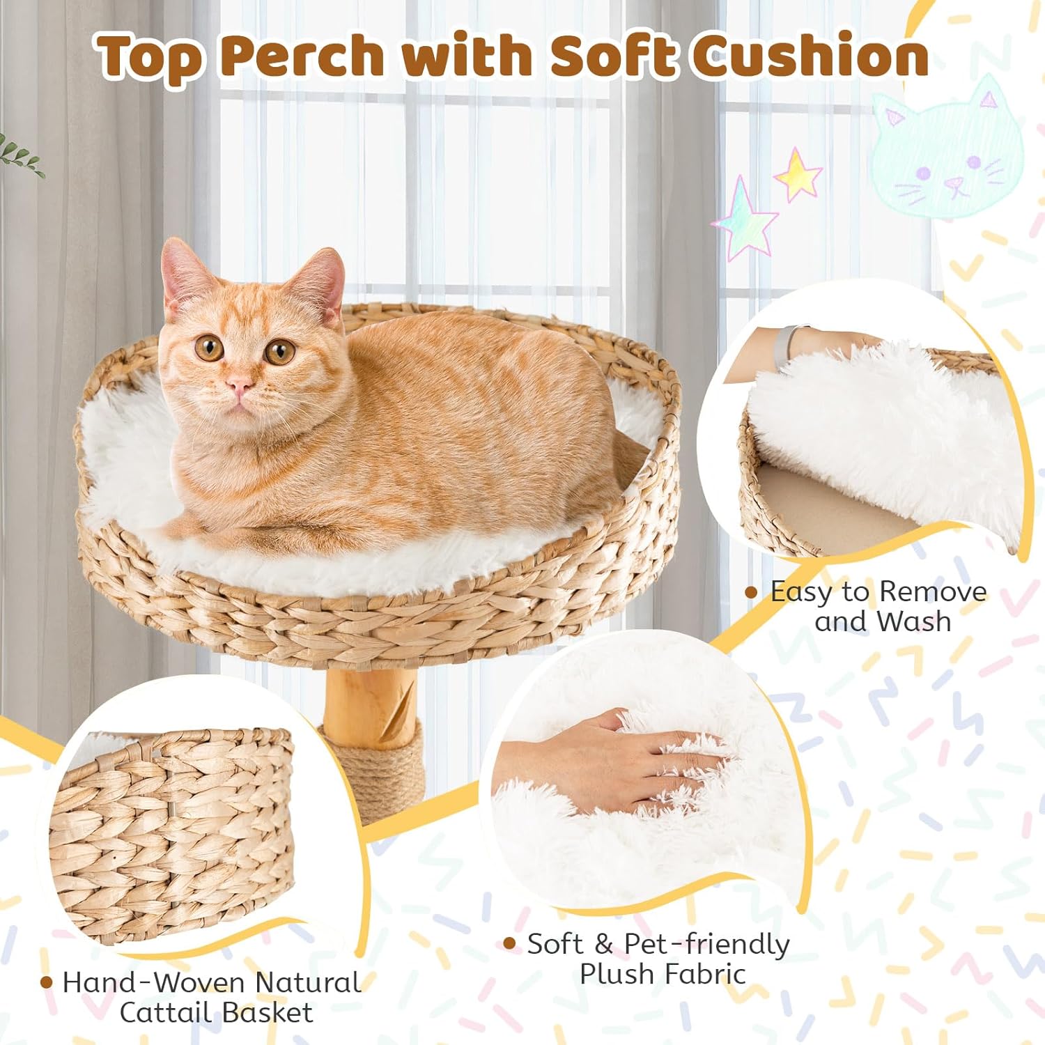 Tangkula Árbol para gatos de interior, torre moderna de madera maciza para gatos con cesta de cola superior, cama para gatos, perca lateral,