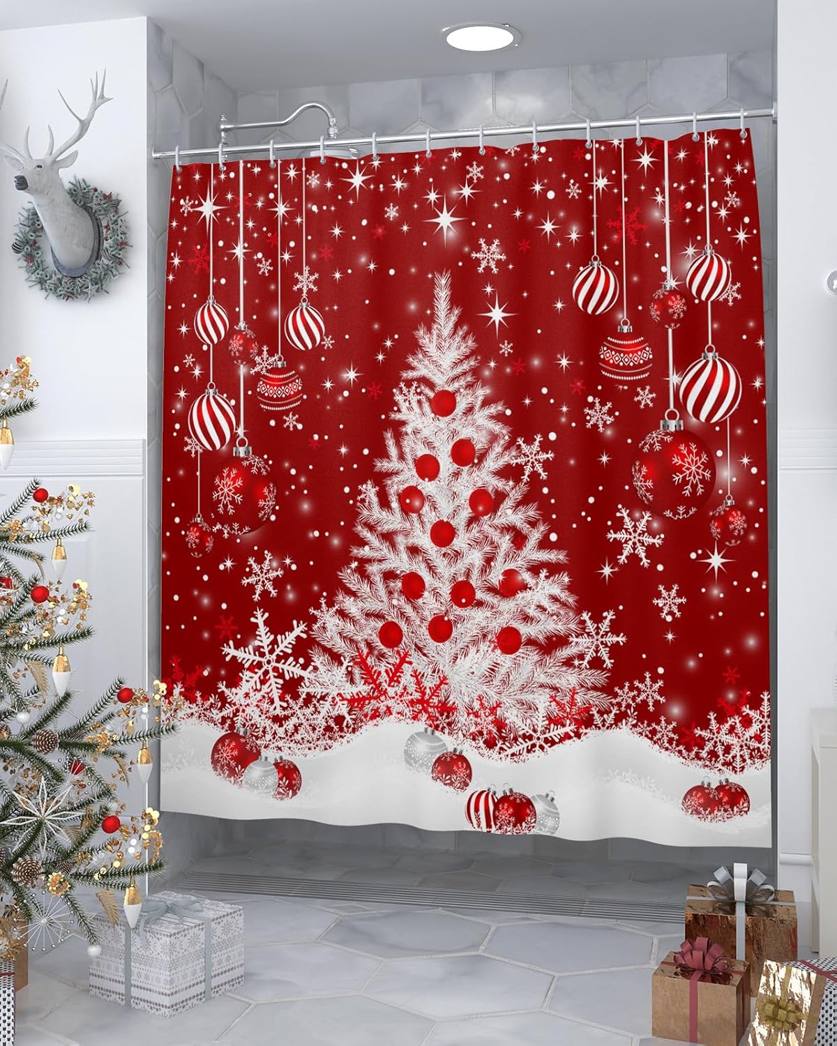 Cortina de ducha de árbol de Navidad con 12 ganchos, impermeable, bolas de Navidad rojas, cortina de baño para baño, decoración de bañera, juego de
