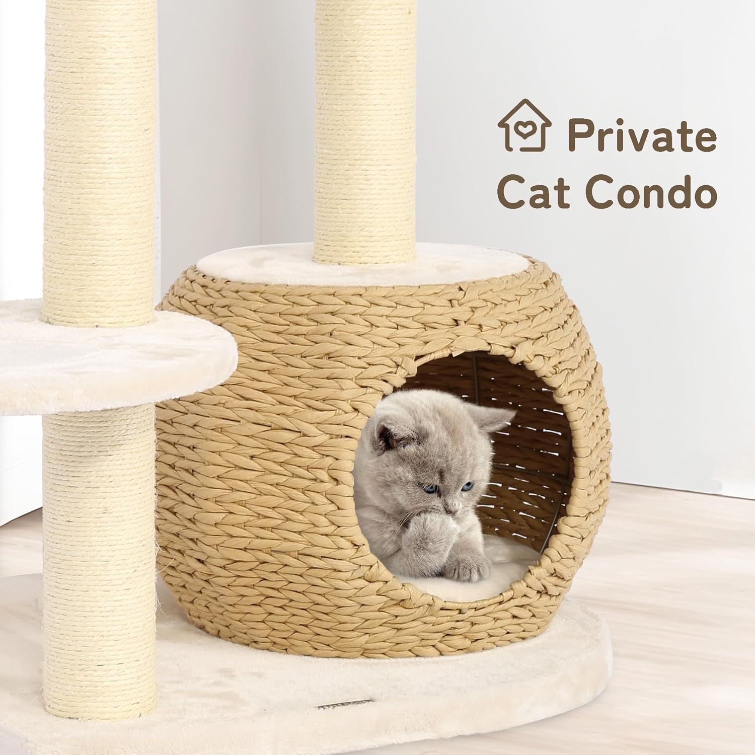 KAMABOKO Árbol moderno para gatos, árbol para gatos de interior con postes rascadores de sisal natural, condominio tejido a mano y percha superior,