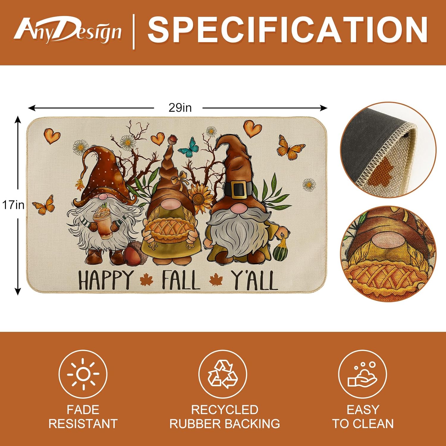 AnyDesign Happy Fall Y’all – Felpudo de otoño, gnomo, girasol, mariposa, tapete de entrada con goma antideslizante para cosecha de otoño, alfombra
